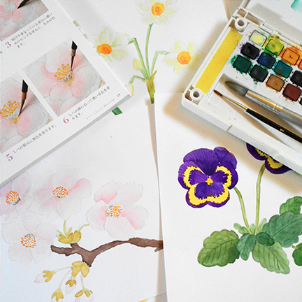 I bought a step-by-step watercolor painting book from Japan and I use that as a guide.