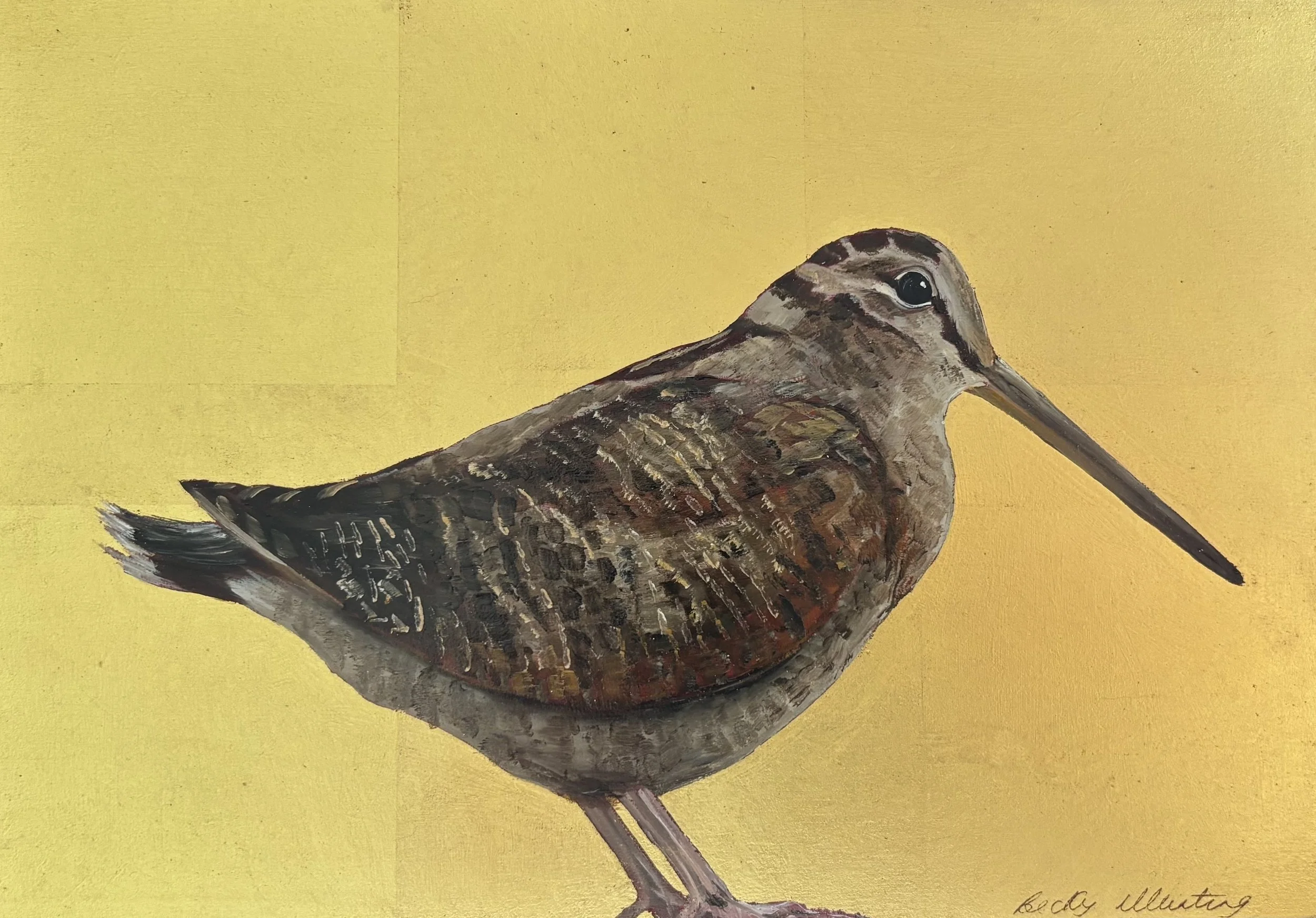 WOODCOCK BECKY MUNTING oil and gold leaf on board 25.5.x 18cm image size 32 x 25cm framed in black tray frame.jpg