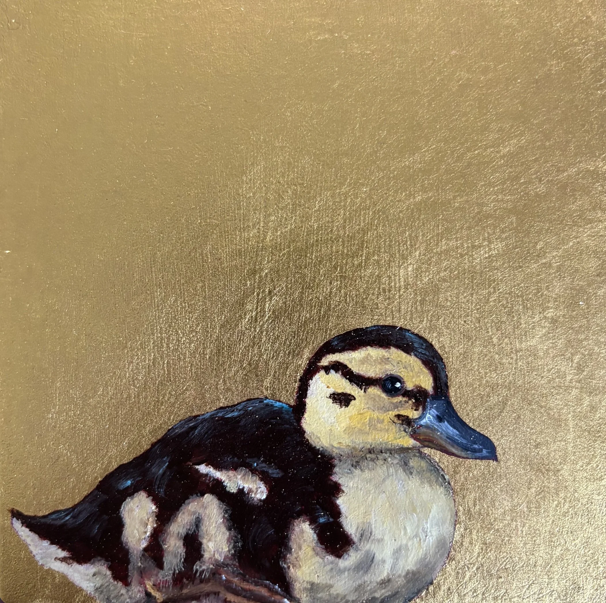 LITTLE DUCKLING I BECKY MUNTING oil and gold leaf 12 x 12cm image size 19 x 19cm framed in black tray frame.jpg