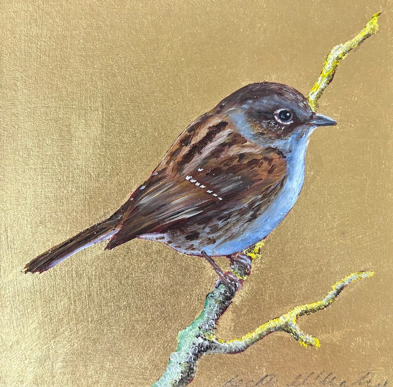 DUNNOCK BECKY MUNTING oil and gold leaf 12 x 12cm image size 19 x 19cm framed in black tray frame.jpg