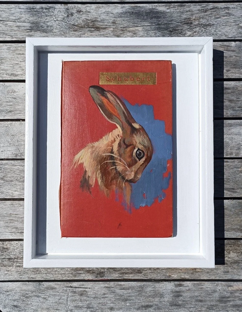 THE HARE PETER HAWKINS oil on book cover 25 x 20 cm framed in tray frame.jpg