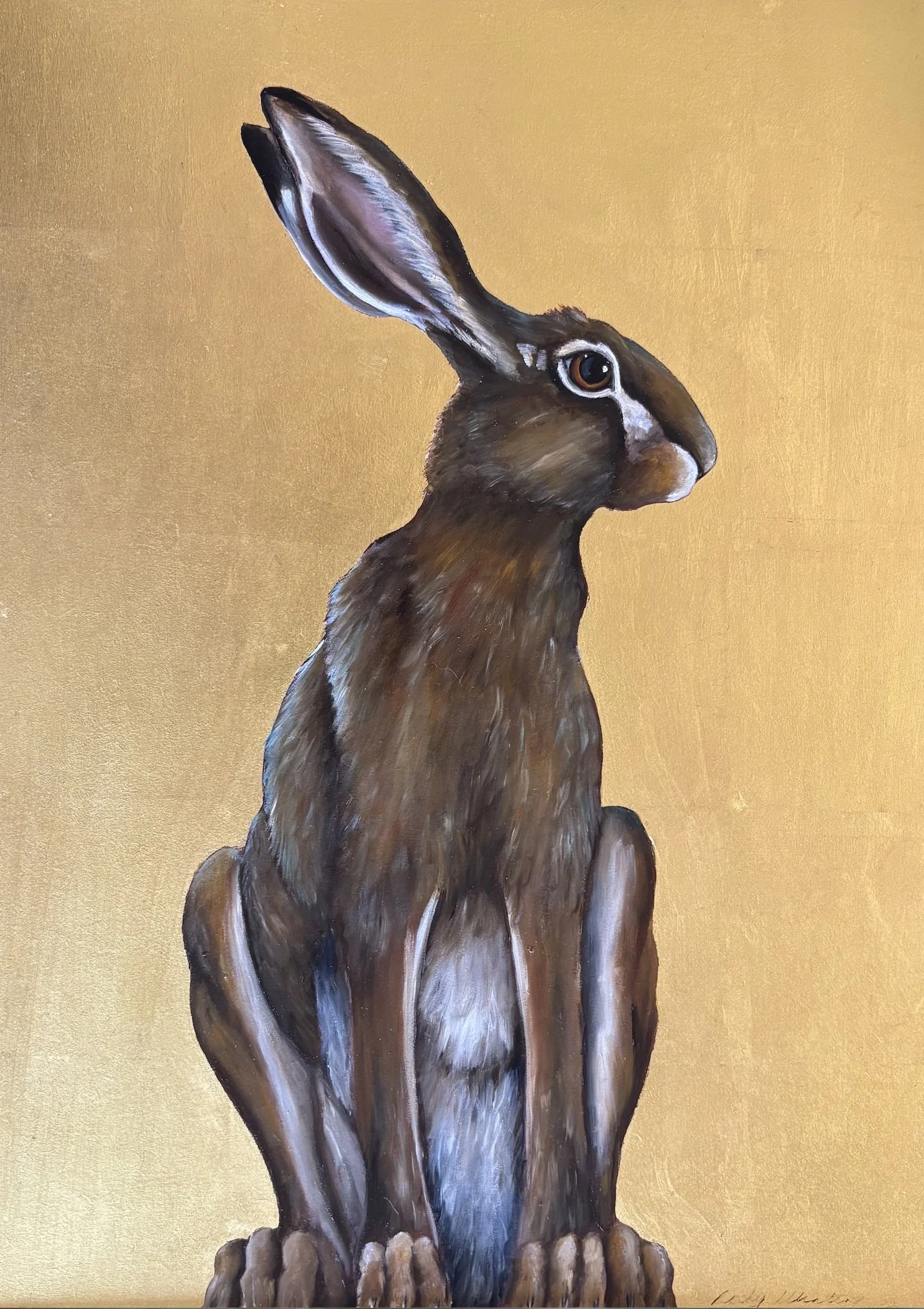 SITTING HARE II BECKY MUNTING oil and gold leaf on board 30 x 40cm image size 35 x 45 cm framed in black tray frame.jpg
