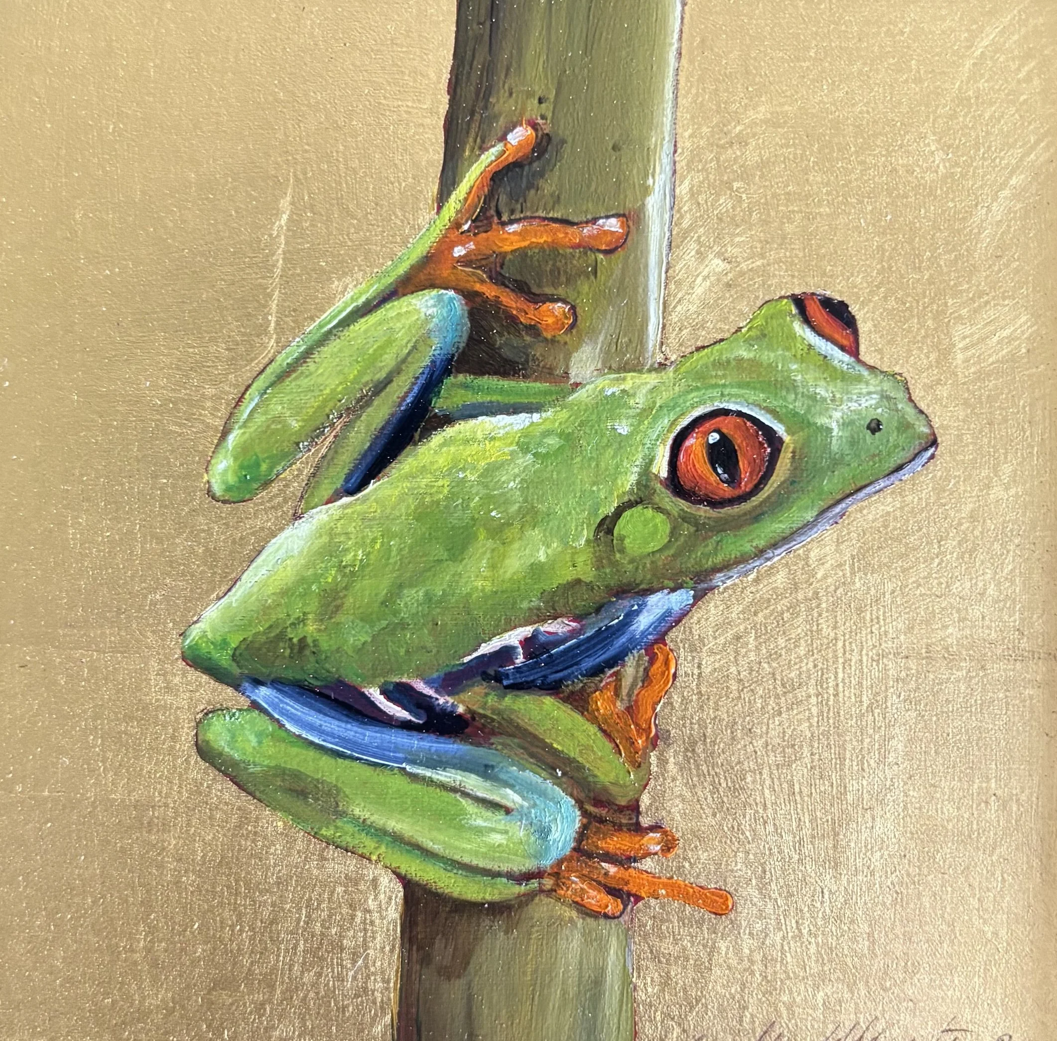 BECKY MUNTING TREE FROG IV oil and. gold leaf on board 12 x 12cm image soze 19 x 19cm framed in black tray frame.jpg