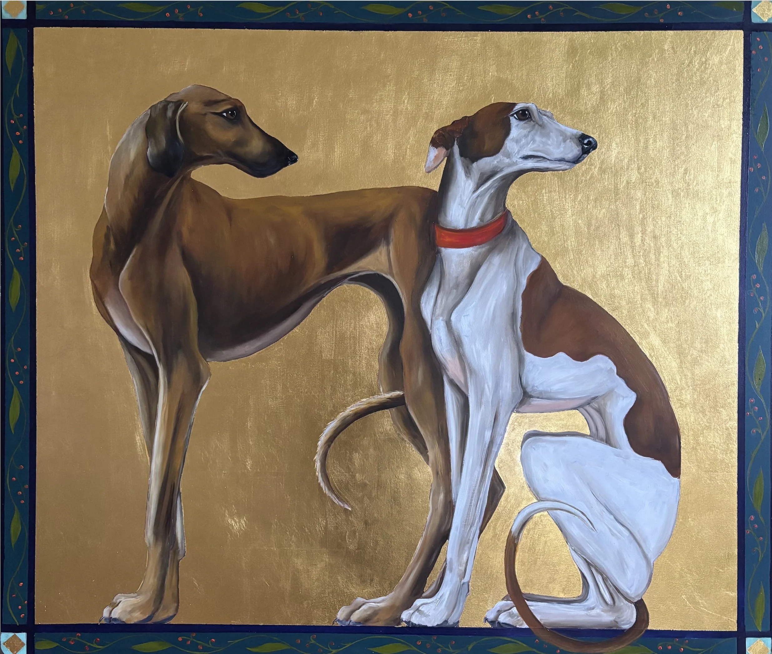 WAITING HOUNDS BECKY MUNTING oil and goldleaf on baord 70 x 80cm image size 74 x 85cm framed in black tray frame.jpg