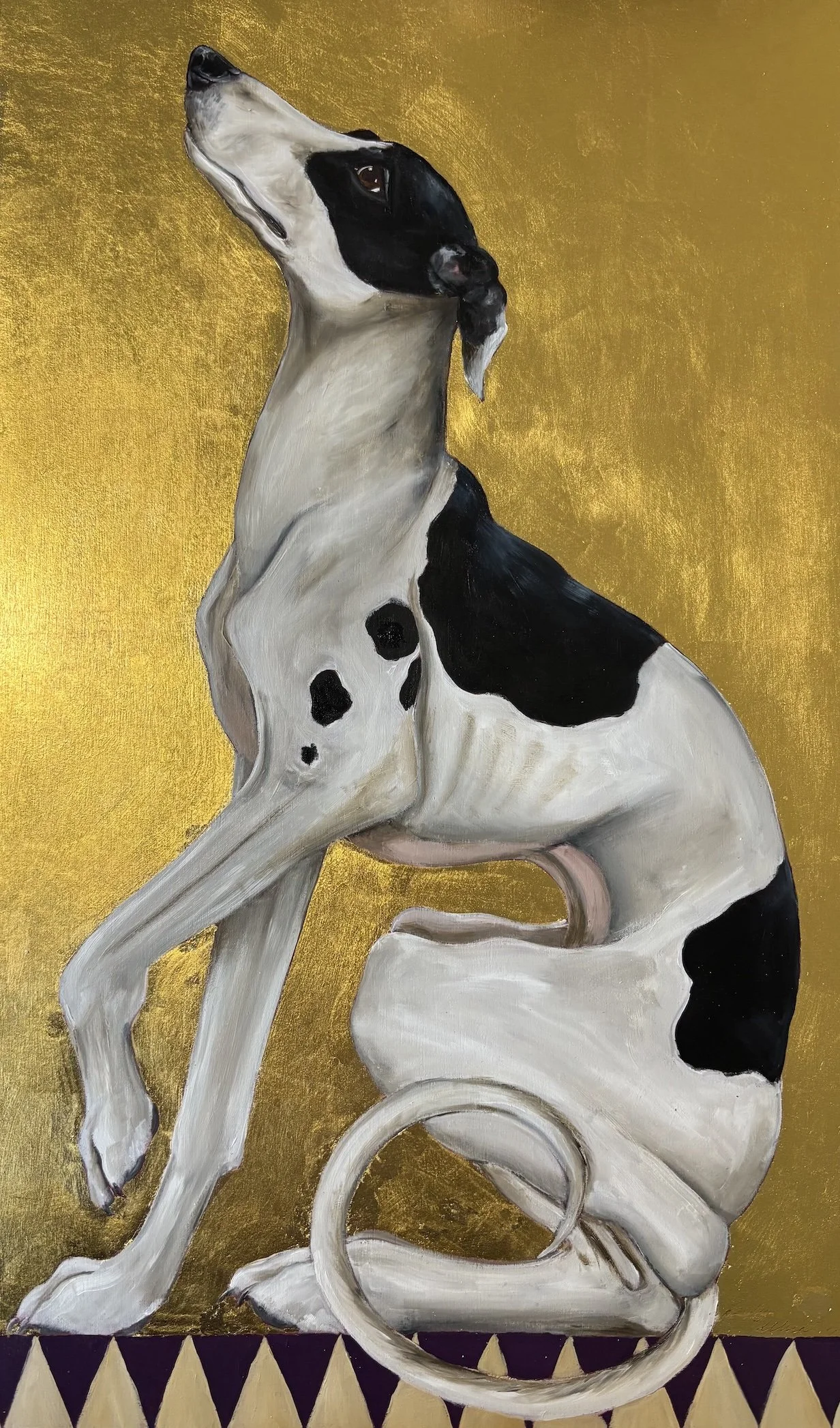 ELEGANT HOUND BECKY MUNTING oil and gold leaf on board 30 x 50cm image size 35 x 55cm framed in black tray frame.jpg