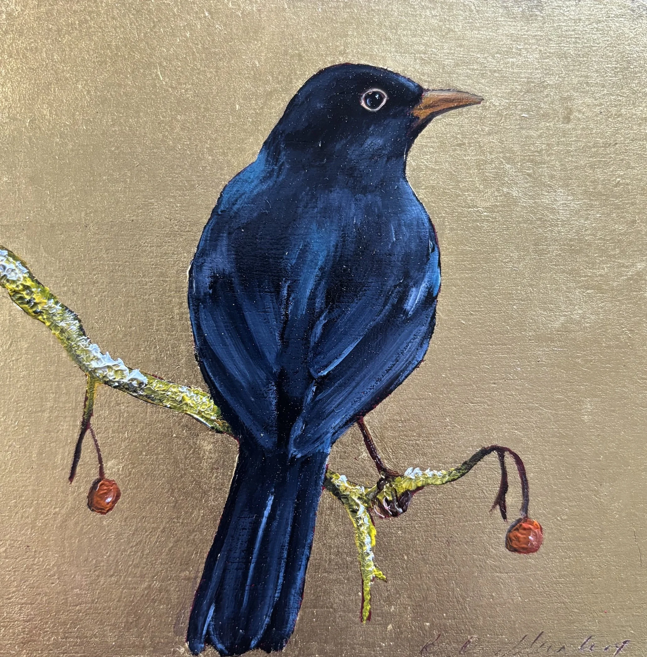 LITTLE BLACKBIRD AND BERRIES BECKY MUNTING oil and goldleaf on baord 12 x 12 cm image size 19 x 19cm framed in black tray frame.jpg