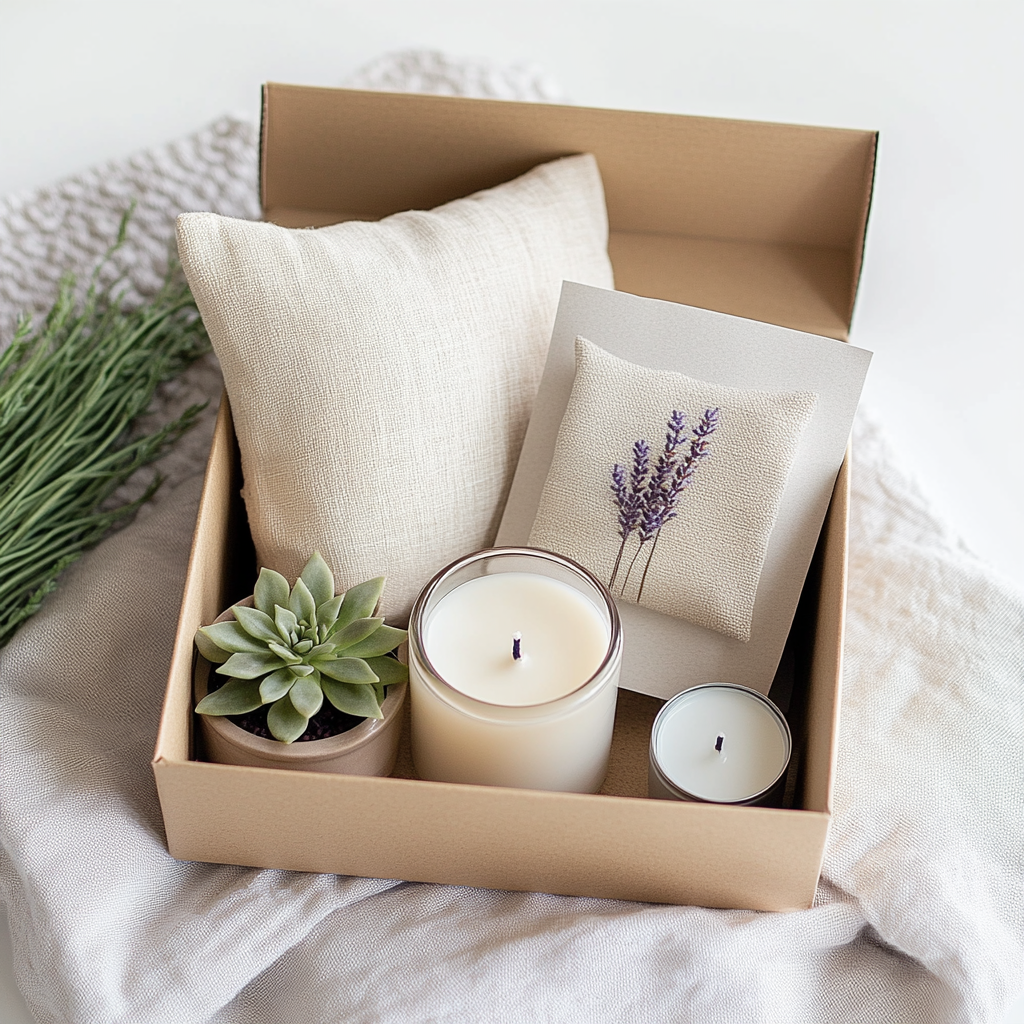 A gift box staging kit, containing a beige pillow, a small embroidered pillow with lavender, two lit candles and a potted succulent.