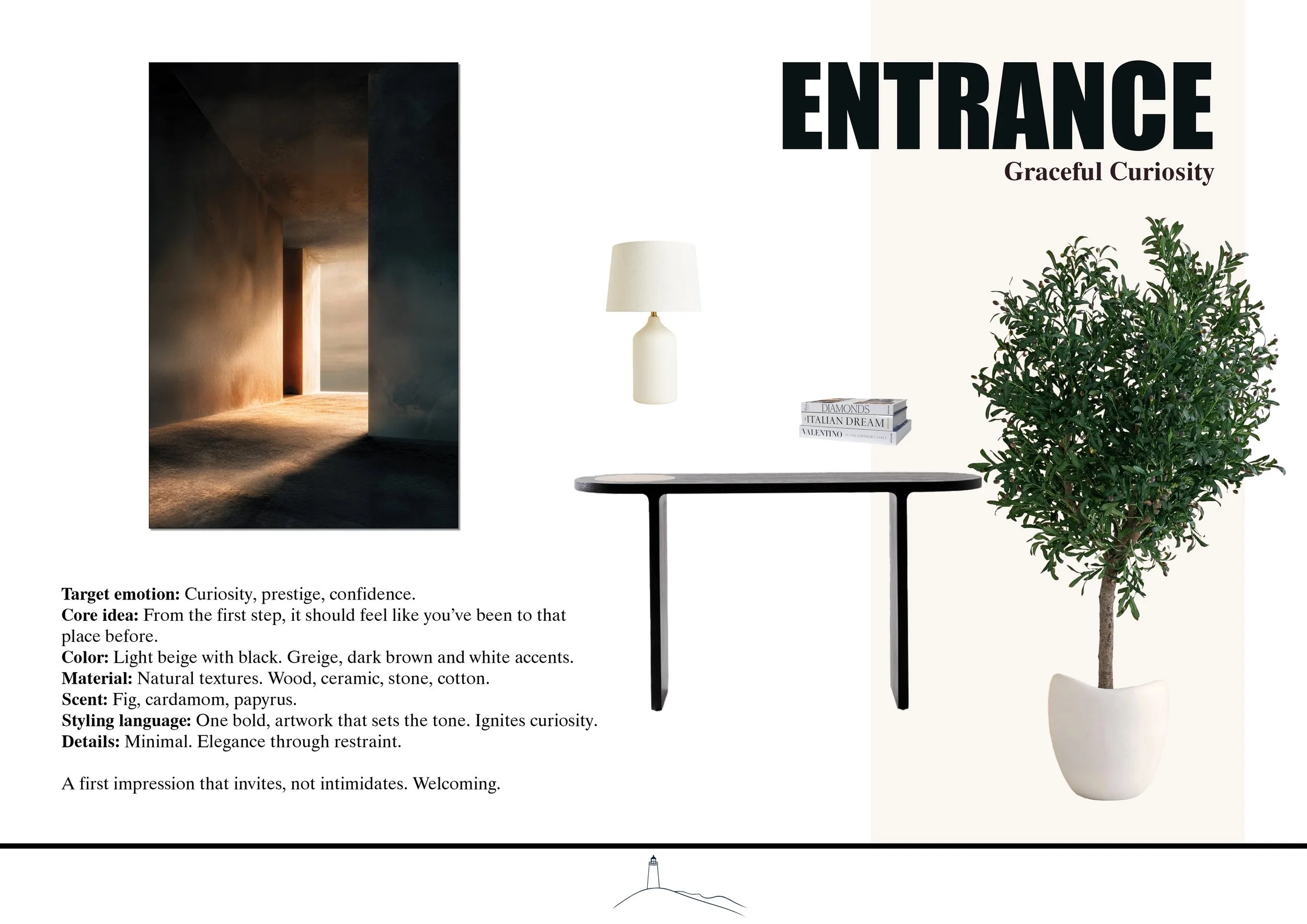 Minimalist entrance mood board with black console table, ceramic lamp and olive tree styling