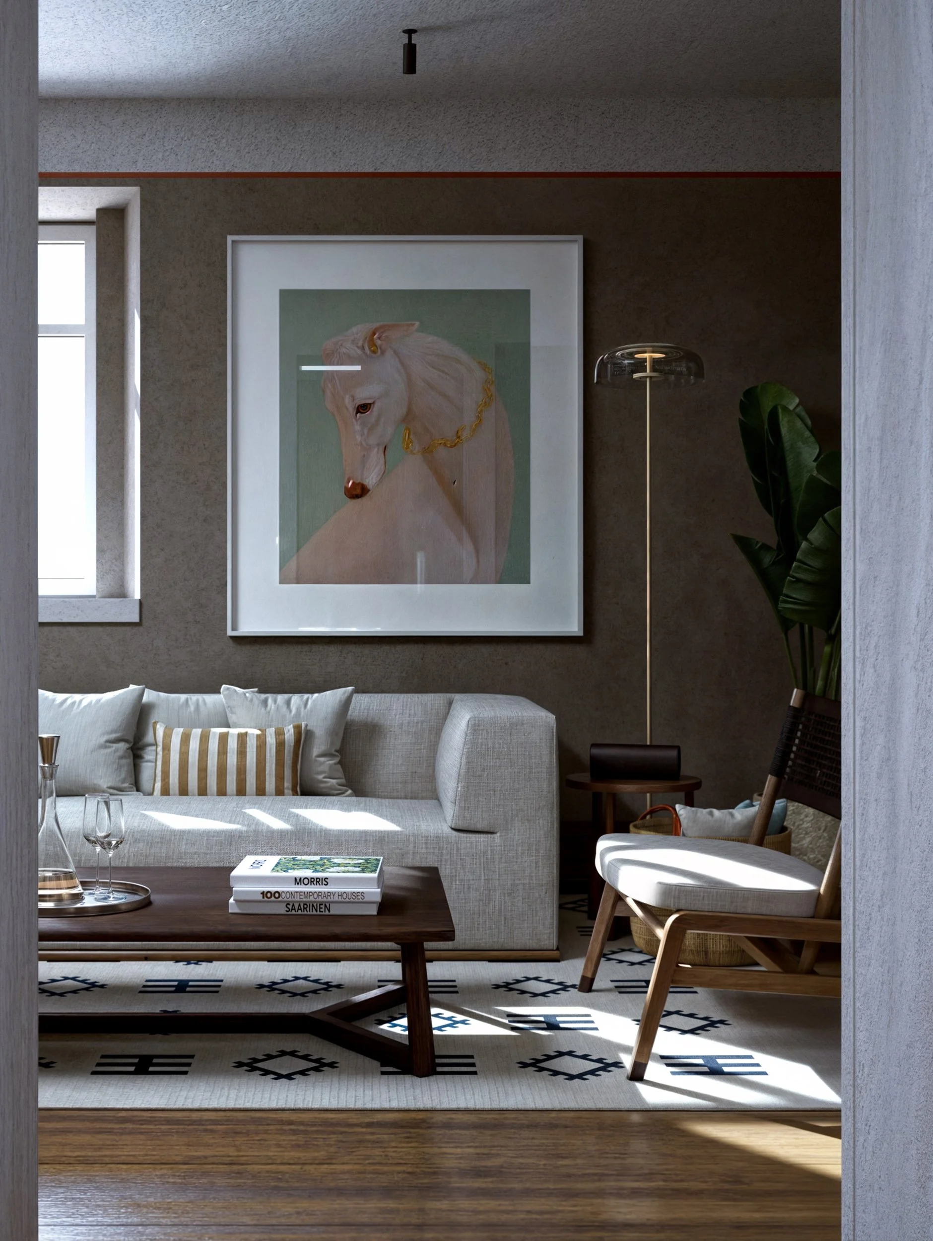 A modern living room with a light gray sofa, a wooden coffee table with books, a striped pillow, and a chair with a cushion. A large framed painting of a white horse with a gold chain hangs on the dark wall. There's a tall plant beside a floor lamp, and sunlight streams through a window, illuminating the room.