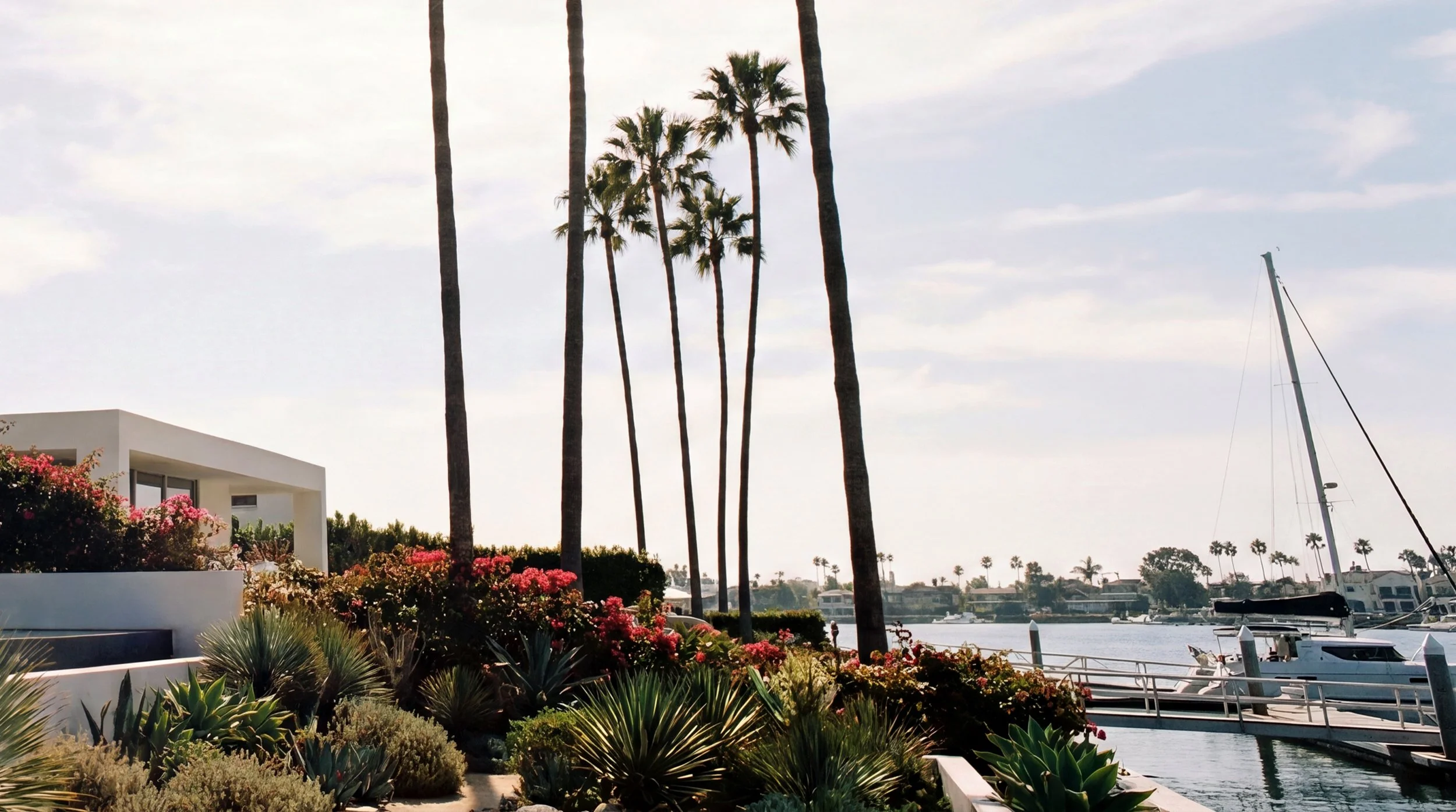 View of tall palm trees and a boat docked in a marina along a waterfront, with a house and colorful flowers in the foreground, under a partly cloudy sky.