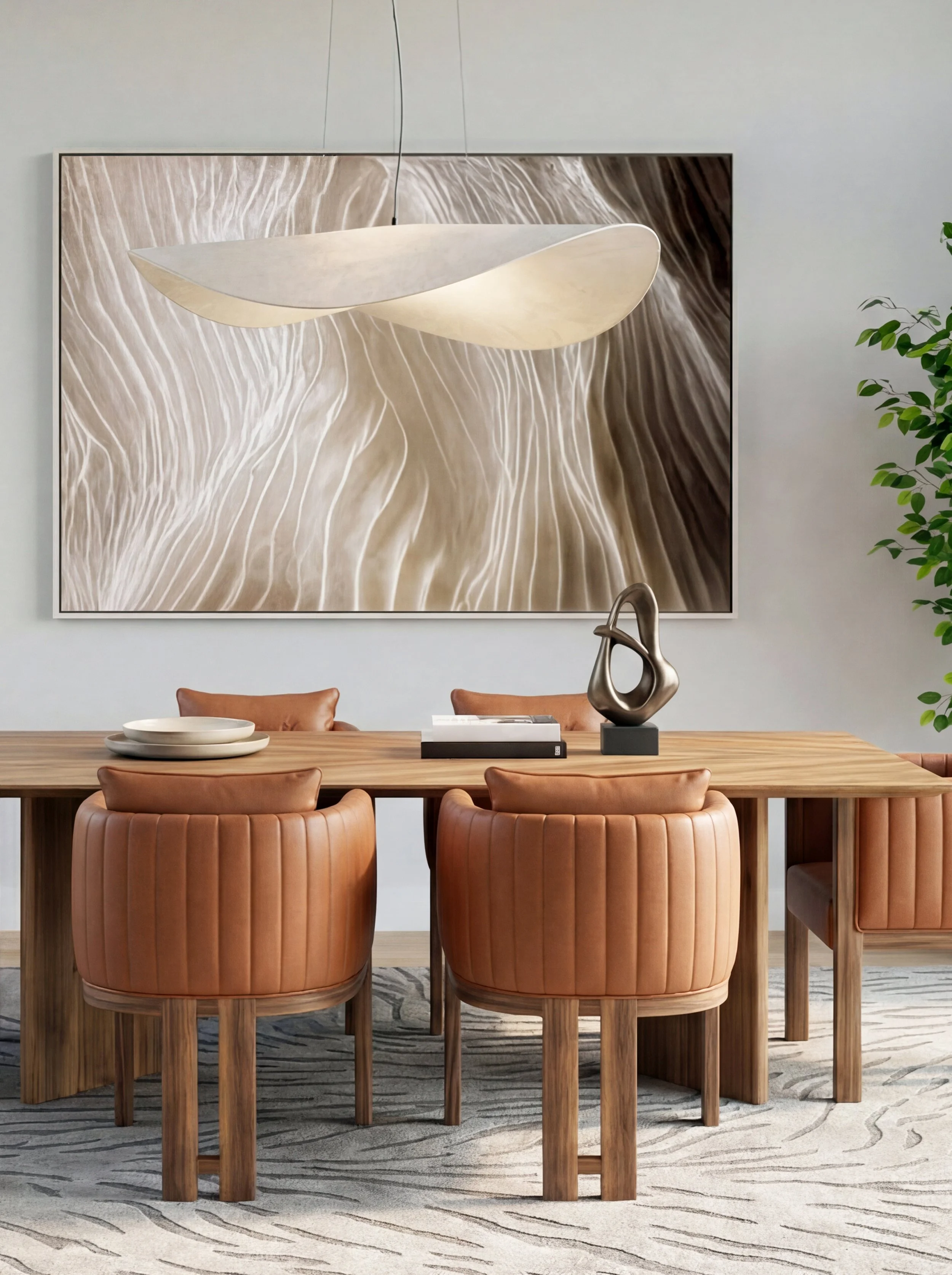 Modern dining room with a wooden table, four peach-colored upholstered chairs, a large abstract wall art, a sculptural centerpiece, and a pendant light.