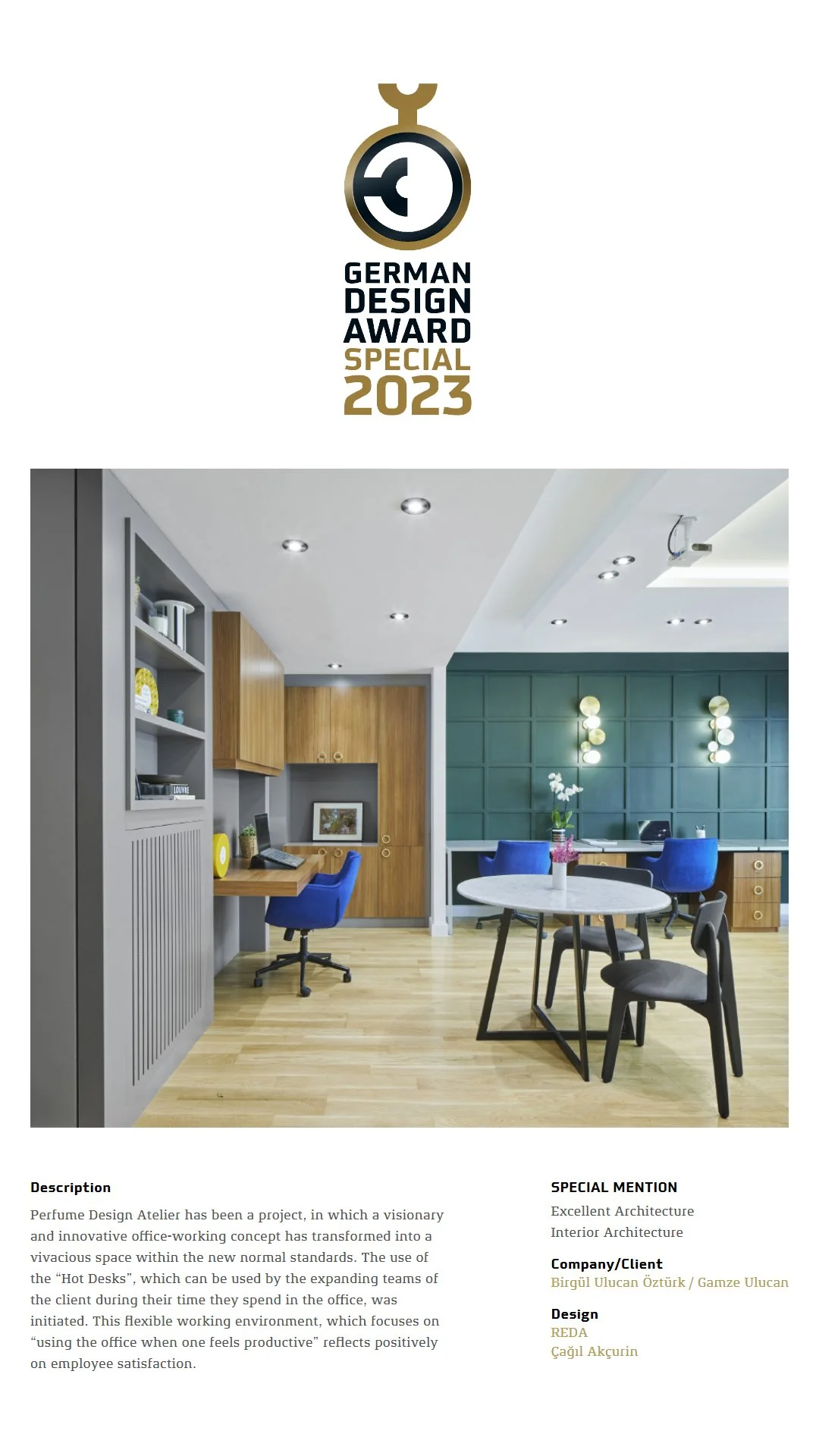 Recognition from the German Design Awards highlighting Beacon's interior design practice and spatial design approach within contemporary design elements