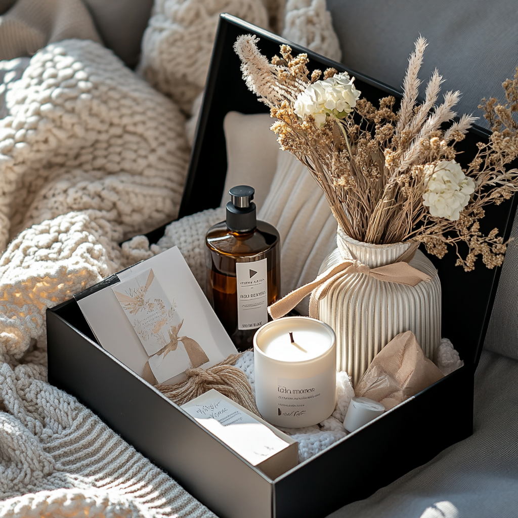 A gift box staging kit containing a white candle, flowers in a vase, a greeting card and a knitted blanket.