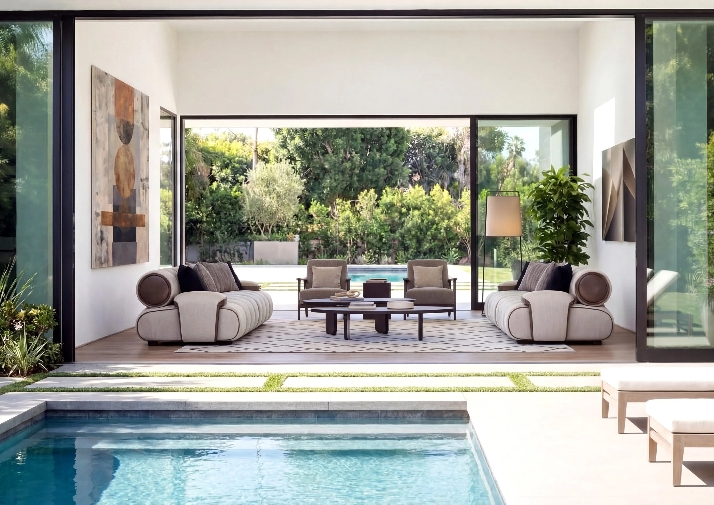 Living area used as a core spatial example within the sensory journey framework, demonstrating how staging, lighting and material composition shape experiential perception