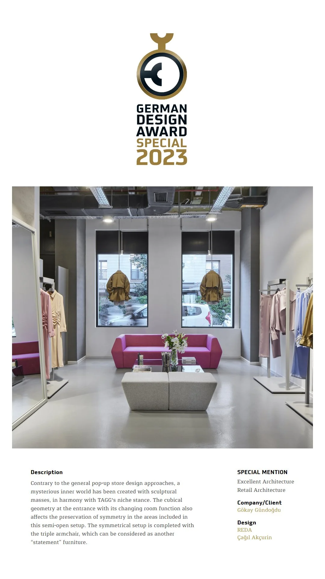 Interior of a modern clothing store with pink sofa, white armrest tables, hanging beige and pastel-colored clothing, and large windows