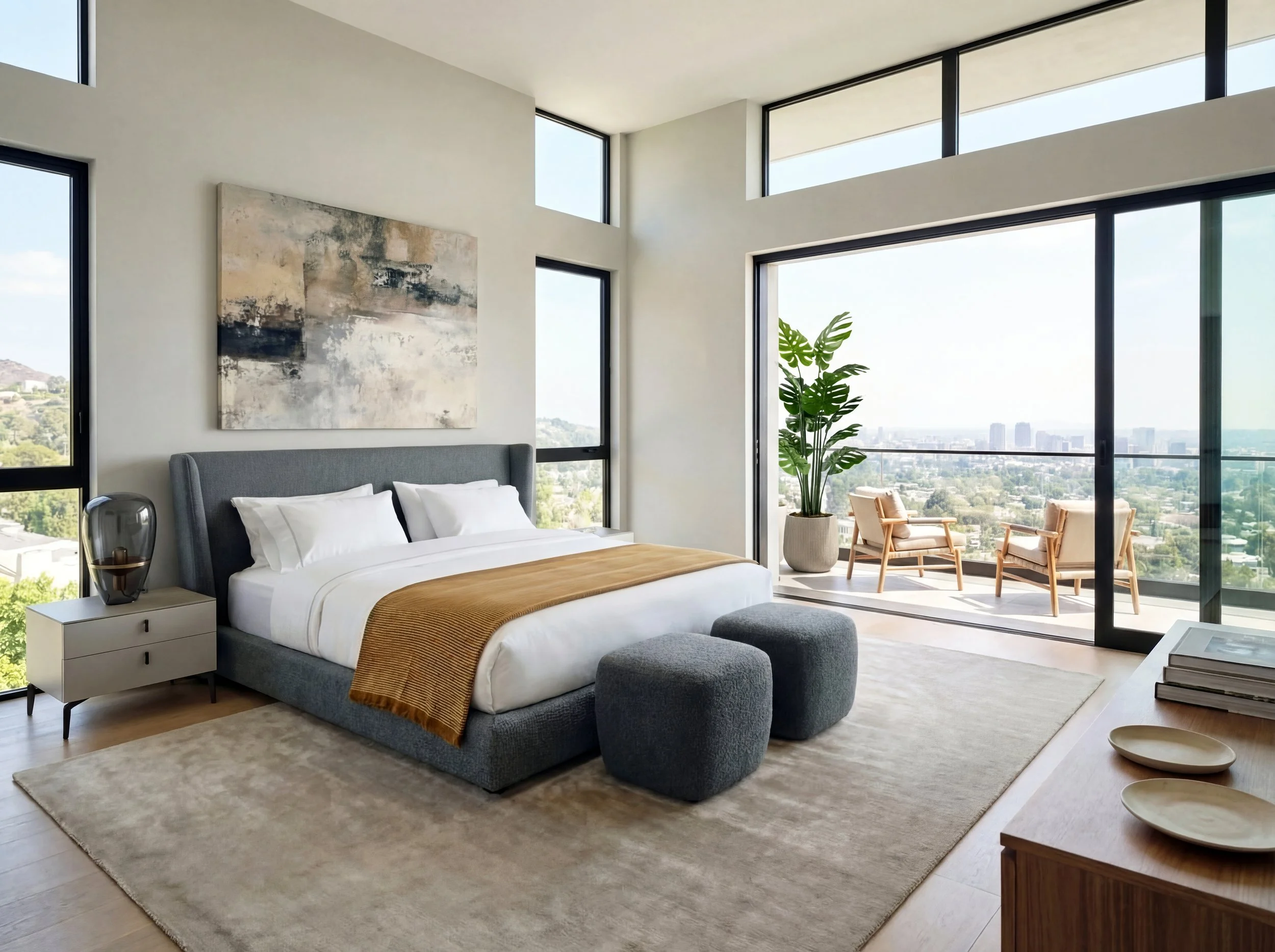 Curated primary bedroom featuring contemporary furniture, layered textiles and coordinated material selections designed for modern living environments