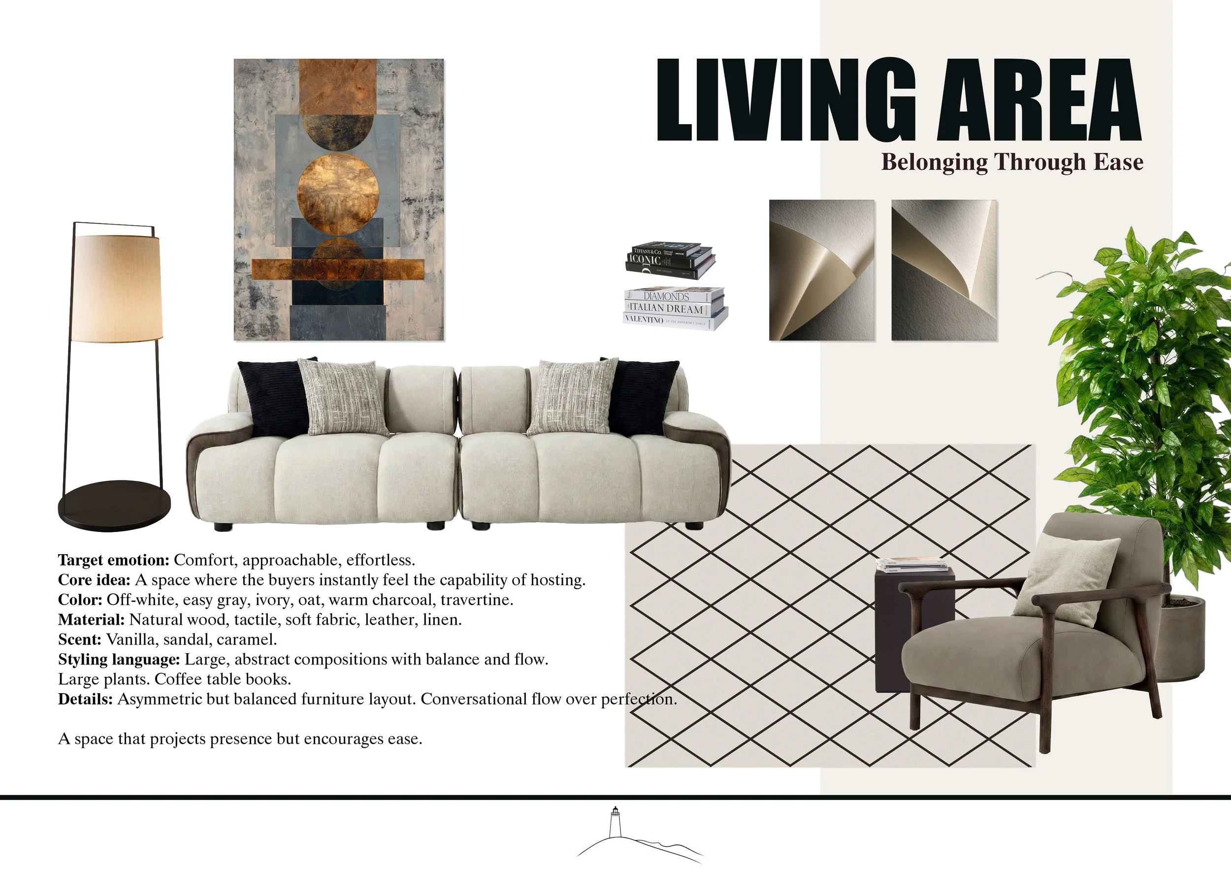 Modern living area mood board featuring curated furniture, sculptural decor, contemporary artwork and soft neutral material palettes