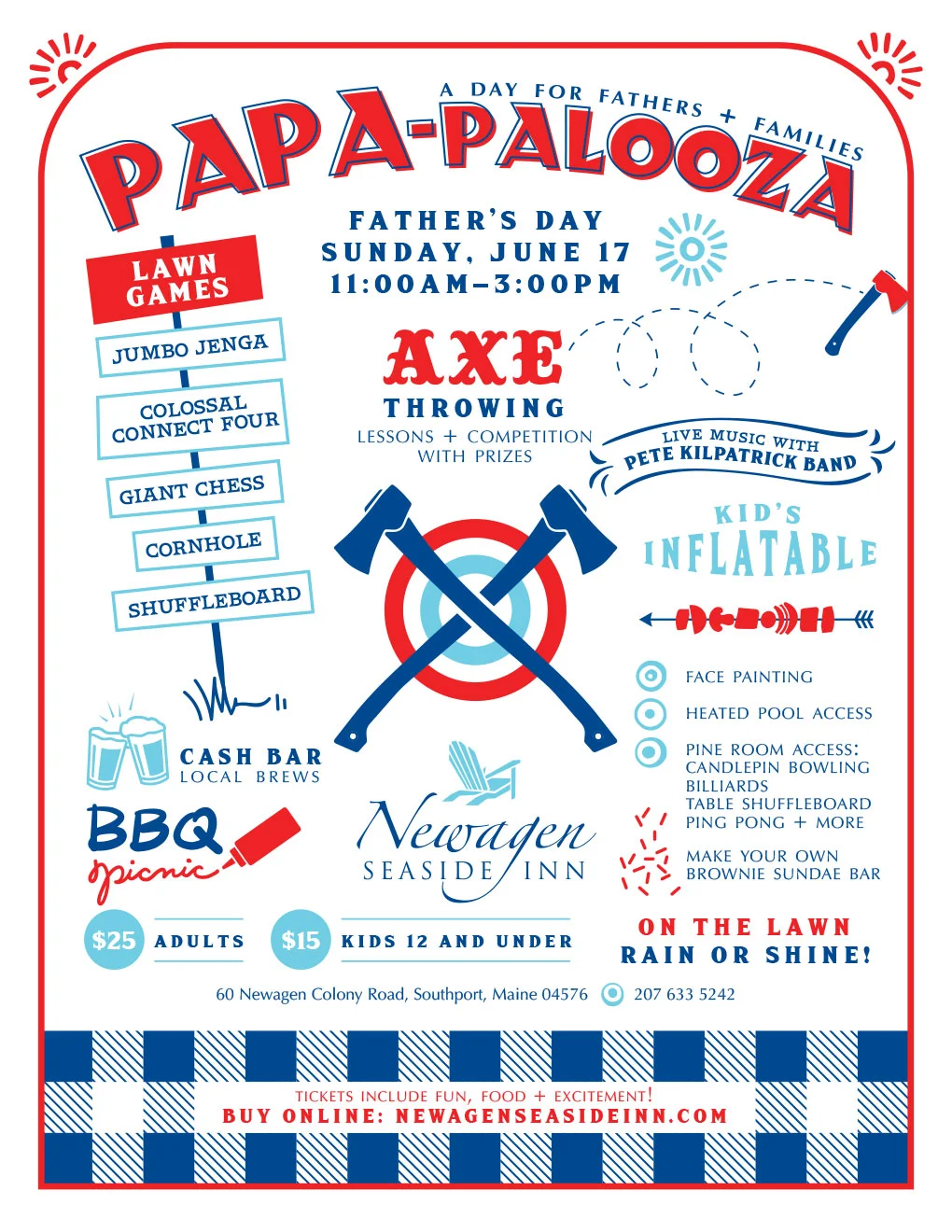  Newagen Seaside Inn, Southport, Maine, event design, Father’s Day party, outdoors, picnic, BBQ, lawn games, axe-throwing, Pete Kitpatrick Band, jumbo Jenga, colossal connect four, alloveritmaine.com, All Over It LLC, Mali Welch, graphic design, copy