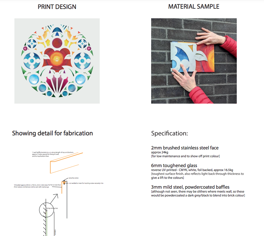 The Oasis Centre public art outdoor sculpture commission.  Commissioned by Great Northern Events.  To be installed August 2021 Brushes Stainless Steel, toughened glass with digital digital print, 1.5 m x 1.5 m