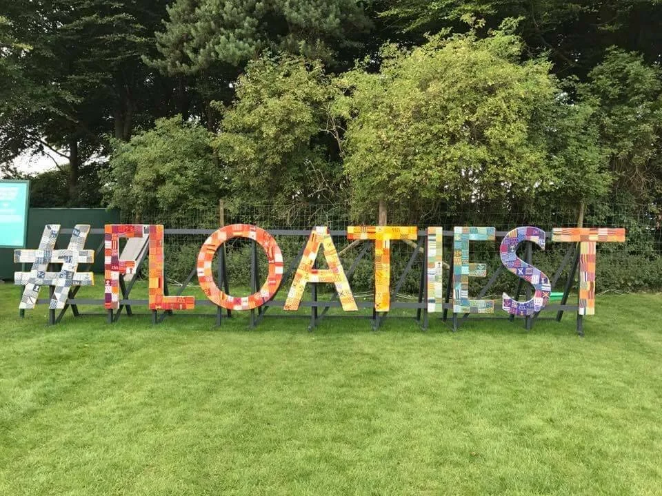 #FLOATIEST &amp; #SWINGIEST - Commissioned by The Bridgewater Canal Restoration Project &amp; Salford City Council.  Installed 2018 RHS Tatton Flower Show, then at MediaCity and then returned home to the Bridgewater Canal in Salford. 4ft high wooden letters, hand stitched knitted and crocheted squares in acrylic wool.