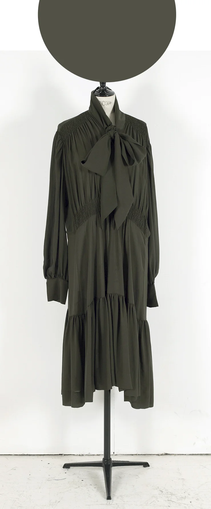 03D DARK OLIVE/ Long Puff Sleeve Frill Hem Midi Dress