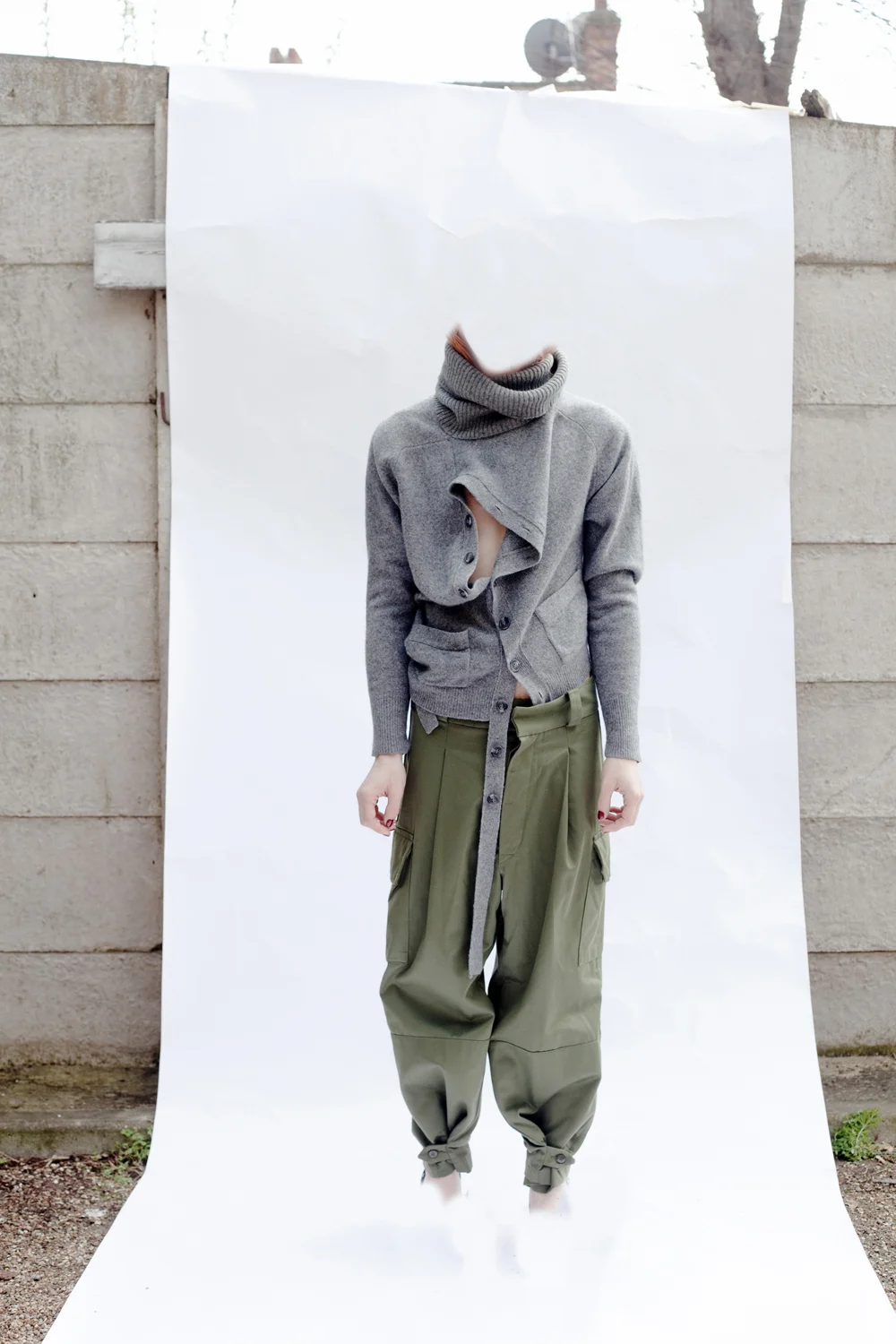 DRESS label Crisis Collection 2017 Look book RECONFIGURED KNITWEAR Double Open High Polo Cardigan Grey Marl Multi wear rotating double cardigan with extended button stands. Dress-Ltd