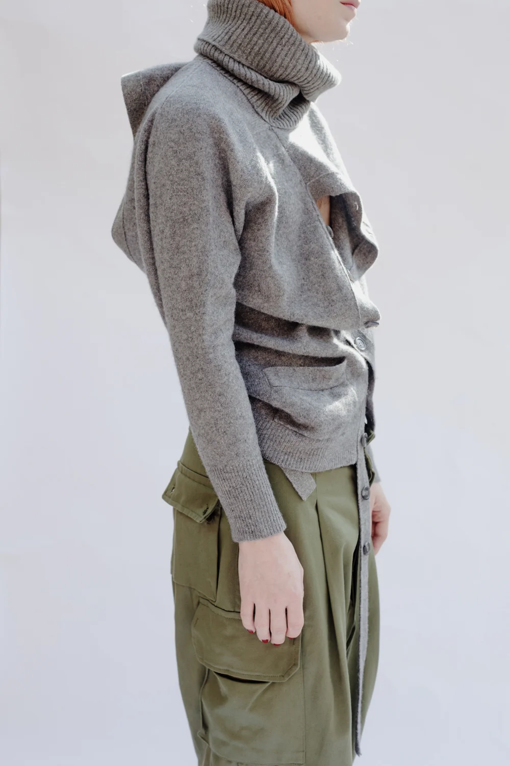 DRESS label Crisis Collection 2017 Look book RECONFIGURED KNITWEAR Double Open High Polo Cardigan Grey Marl Multi wear rotating double cardigan with extended button stands. Dress-Ltd