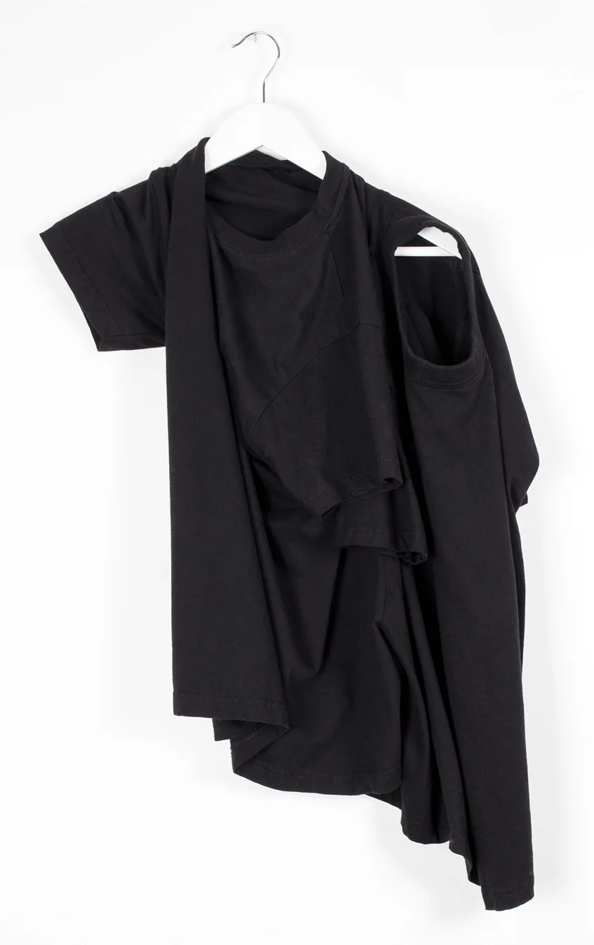 DRESS label Crisis Collection 2017 Look book Black Co-dependent T 2 T shirts cut together so they cannot be separated, only rotated for alternative use of head and arm hole, to create different shapes. Dress-Ltd
