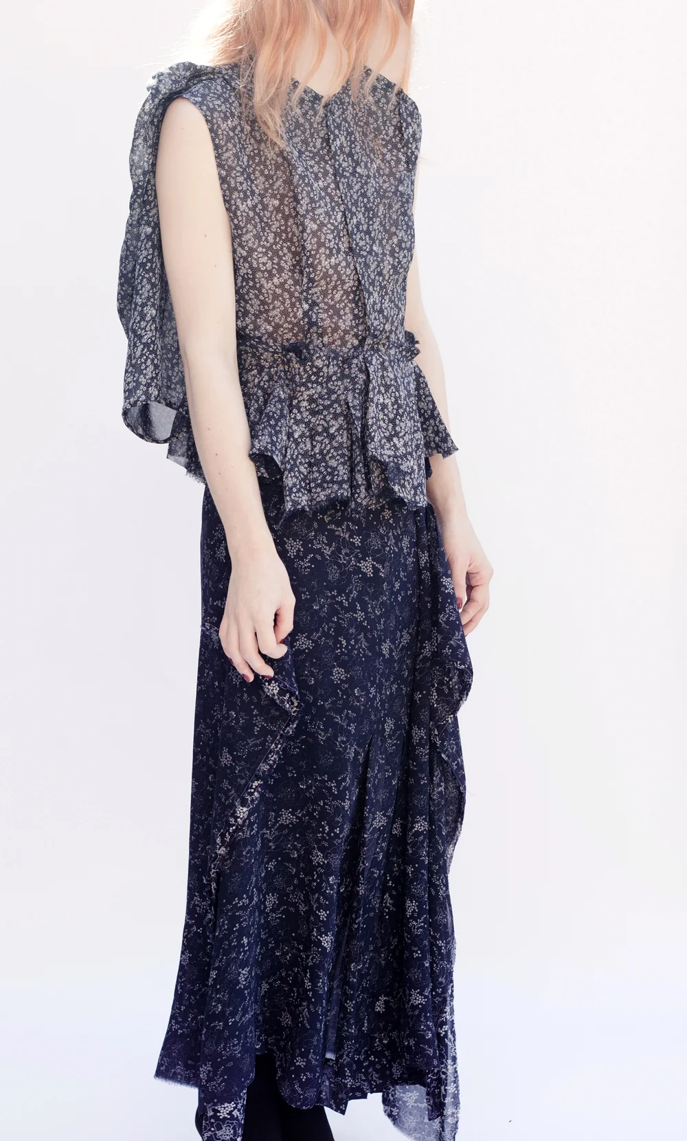 DRESS-ltd NAVY PRINT REMNANT Broken Dress Jacket & Inside Out Emerging Skirt, worn sleeveless