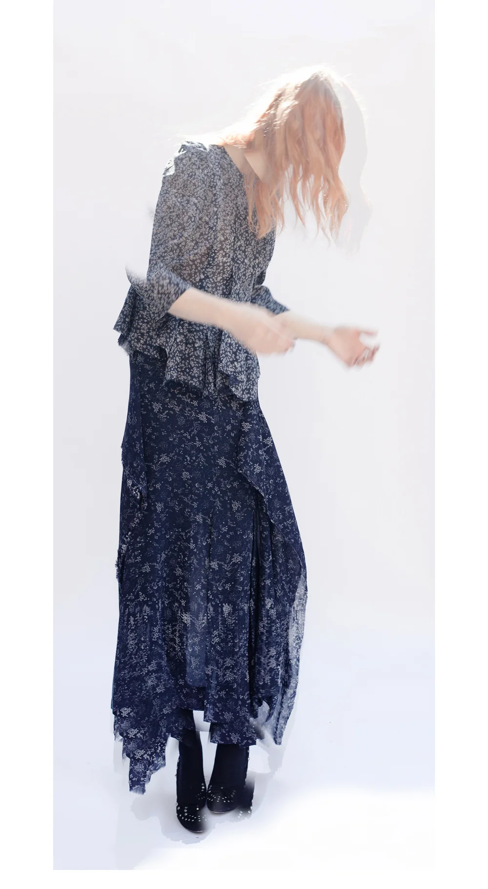 DRESS-ltd NAVY PRINT REMNANT Broken Dress Jacket & Inside Out Emerging Skirt, worn sleeveless