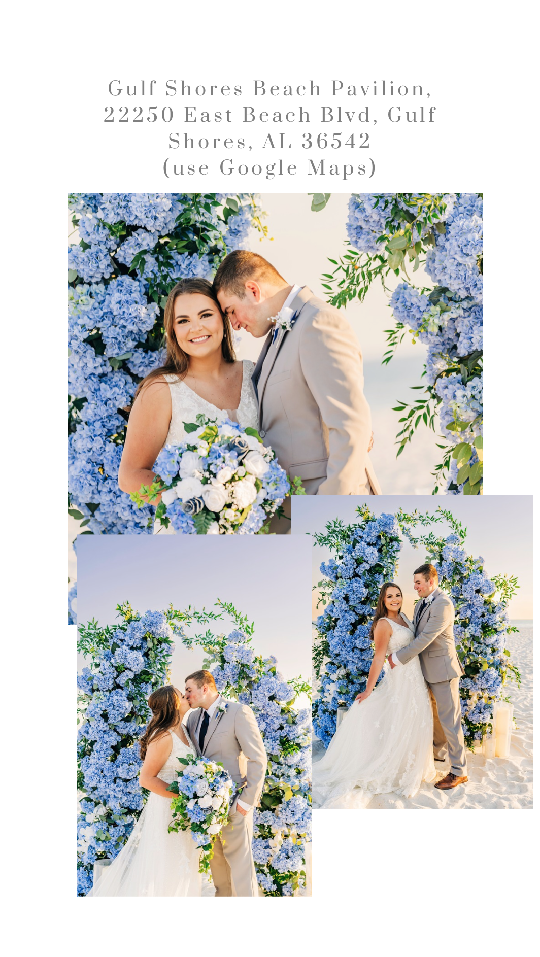 Couple exchanging vows at Gulf Shores beach with arch and floral setup