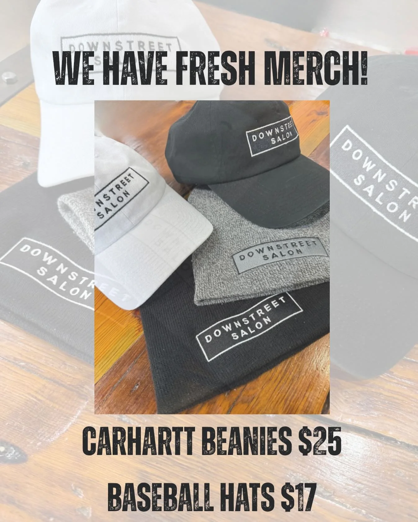 We have a limited supply of new merch! Carhartt beanies and baseball caps! Ask your stylist today!