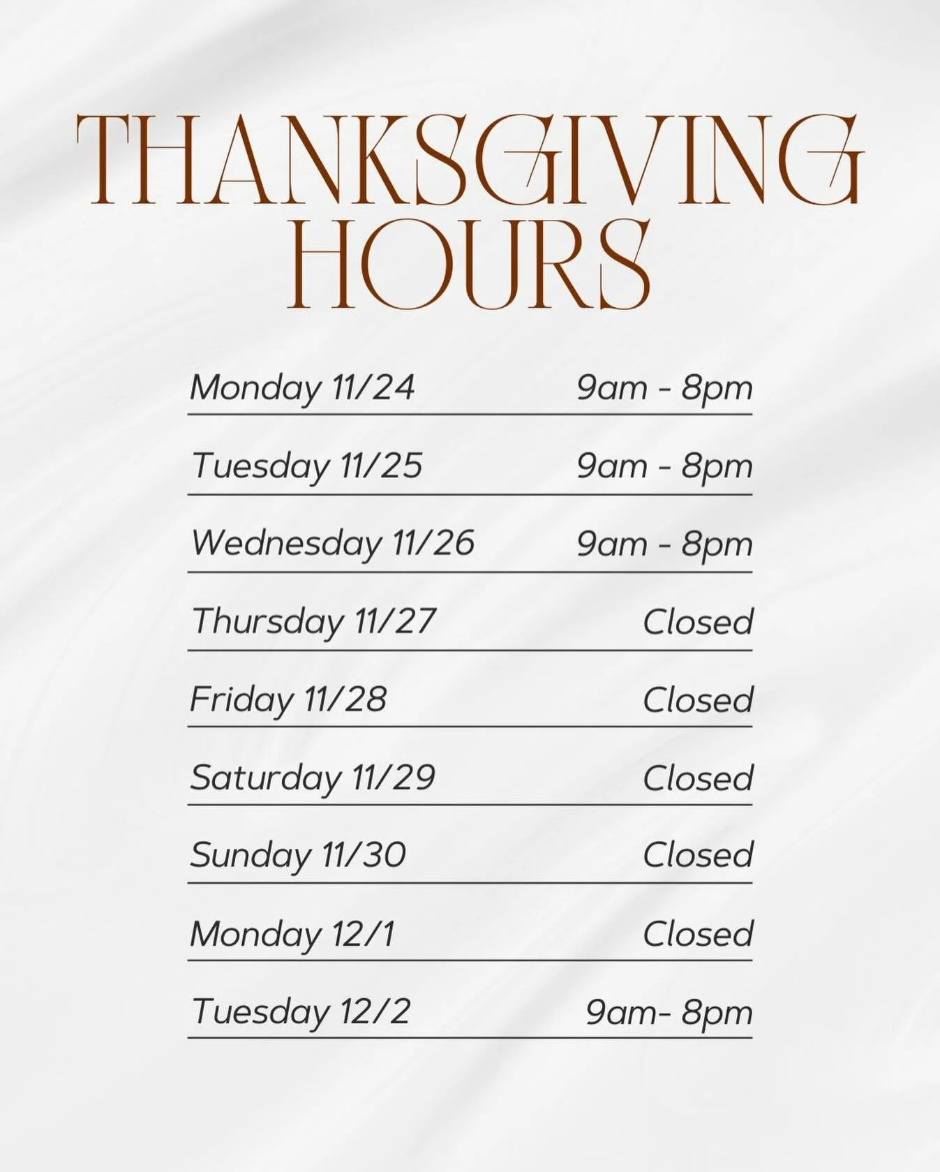 Please note our Thanksgiving Hours! Don&rsquo;t forget Manic Monday!
