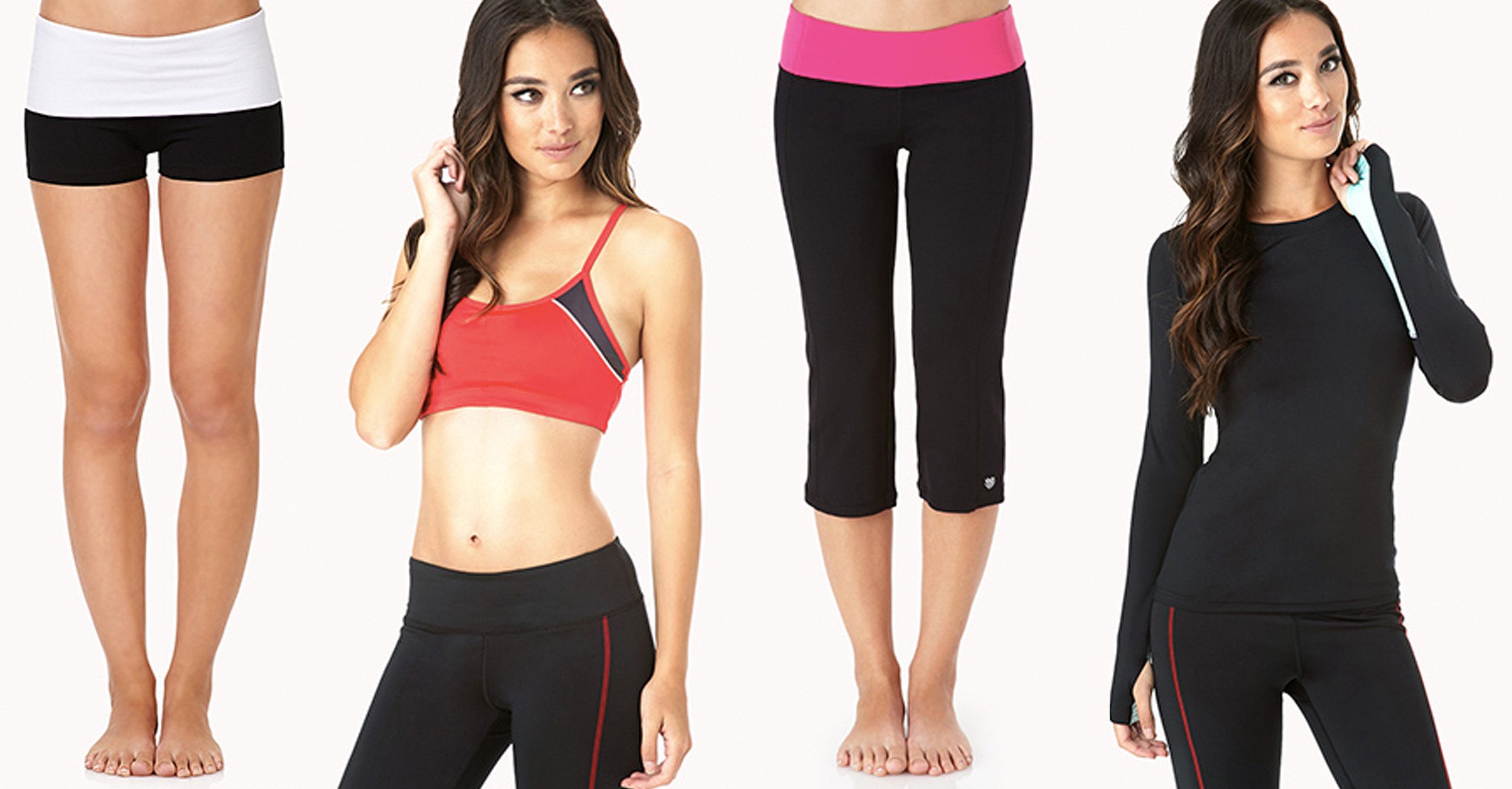 forever21. Colorblocked Running Top, $17; Low Impact Sports Bra, $13; Contrast Foldover Yoga Shorts, $6; Cinched Workout Capris, $17