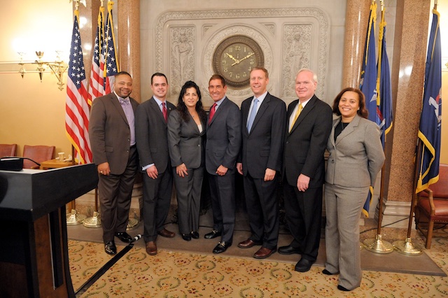 From left to right, the IDC members minus Jose Peralta: Jesse Hamilton, David Carlucci, Diane Savino, Jeff Klein, David Valesky, Tony Avella and Marisol Alcantara. (via Facebook)