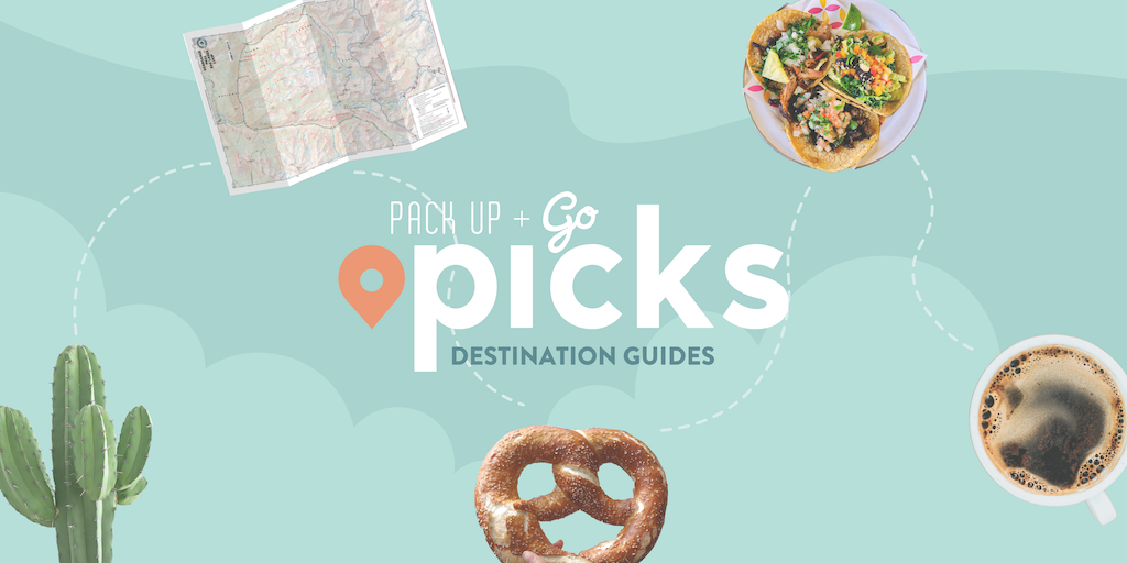 Collage of a cactus, map, tacos, pretzel, and coffee with the Pack Up + Go Picks logo over it