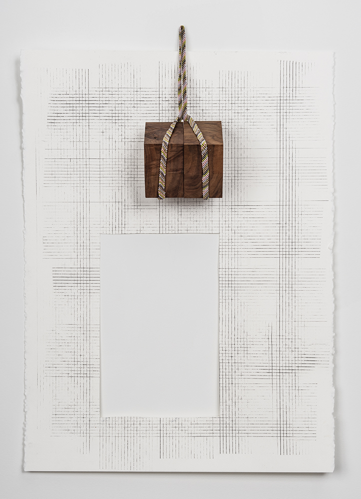 Gravity Drawing (#1), 2016 Grpahite on paper, walnut, embroidery floss, nail; 22 x 32"