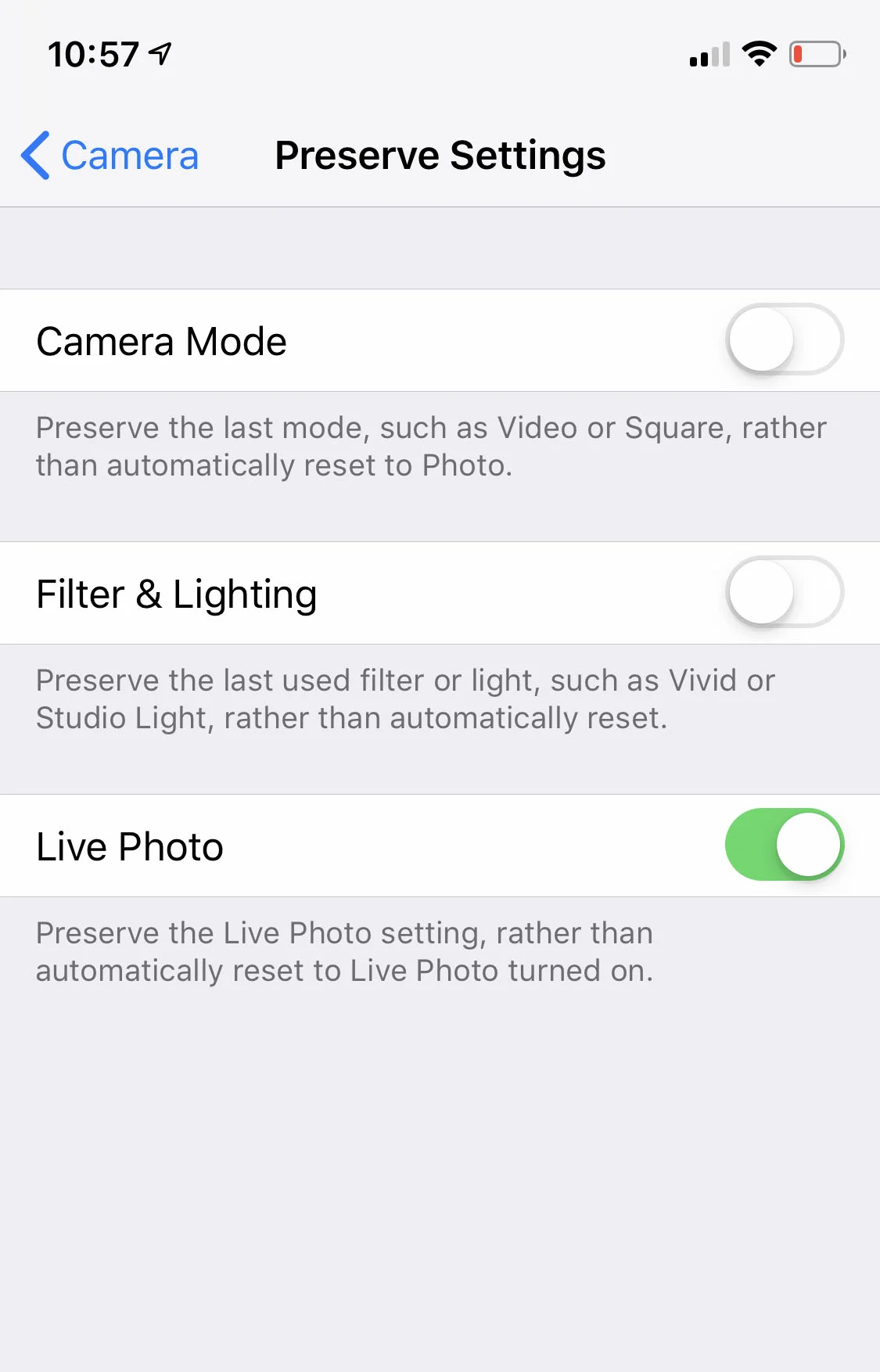 Preserve your choices in Camera Settings