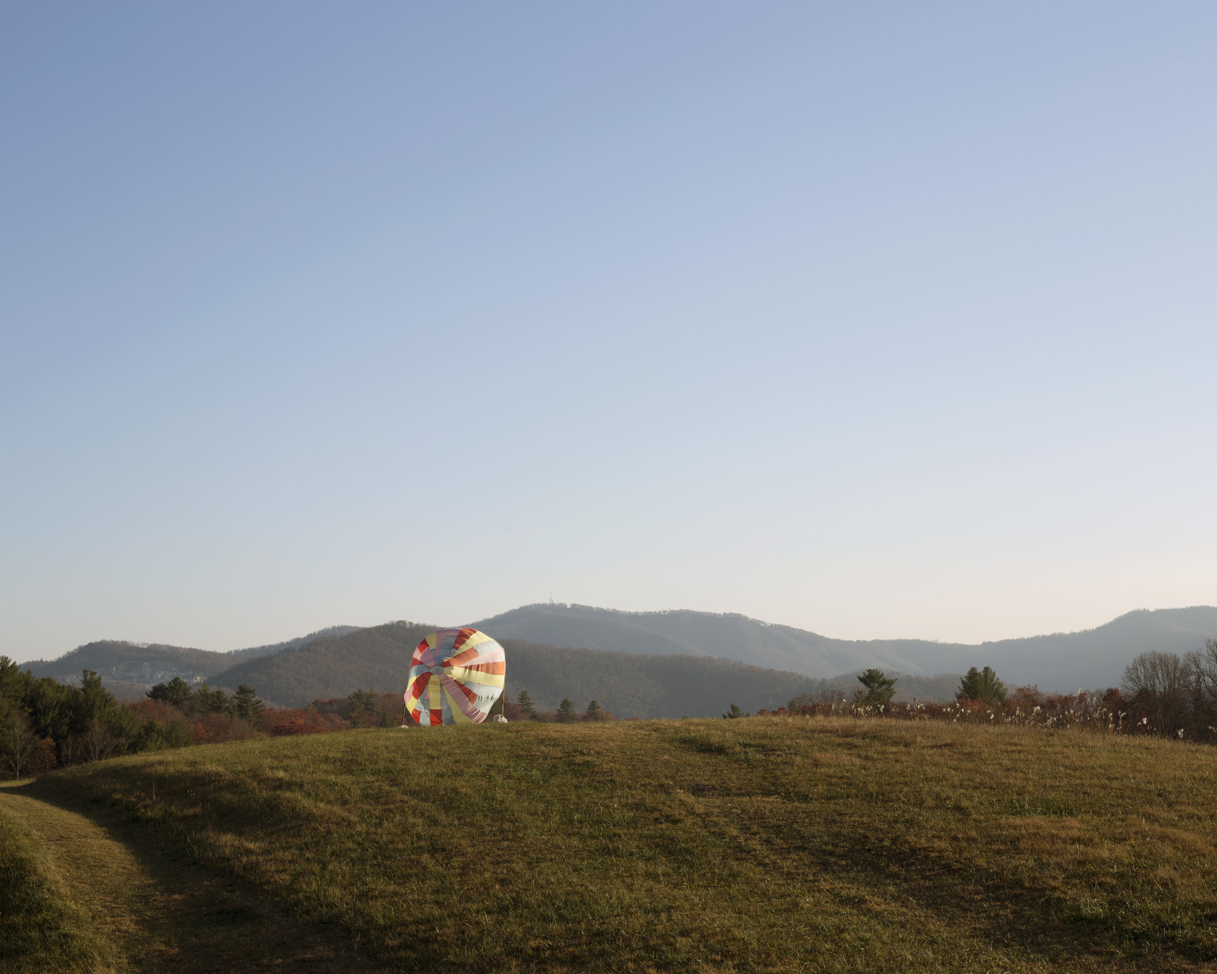   Tool for soft landings , Madder, Weld, Lac, Quebracho red, and Indigo on silk.  Installed at Penland School of Crafts   