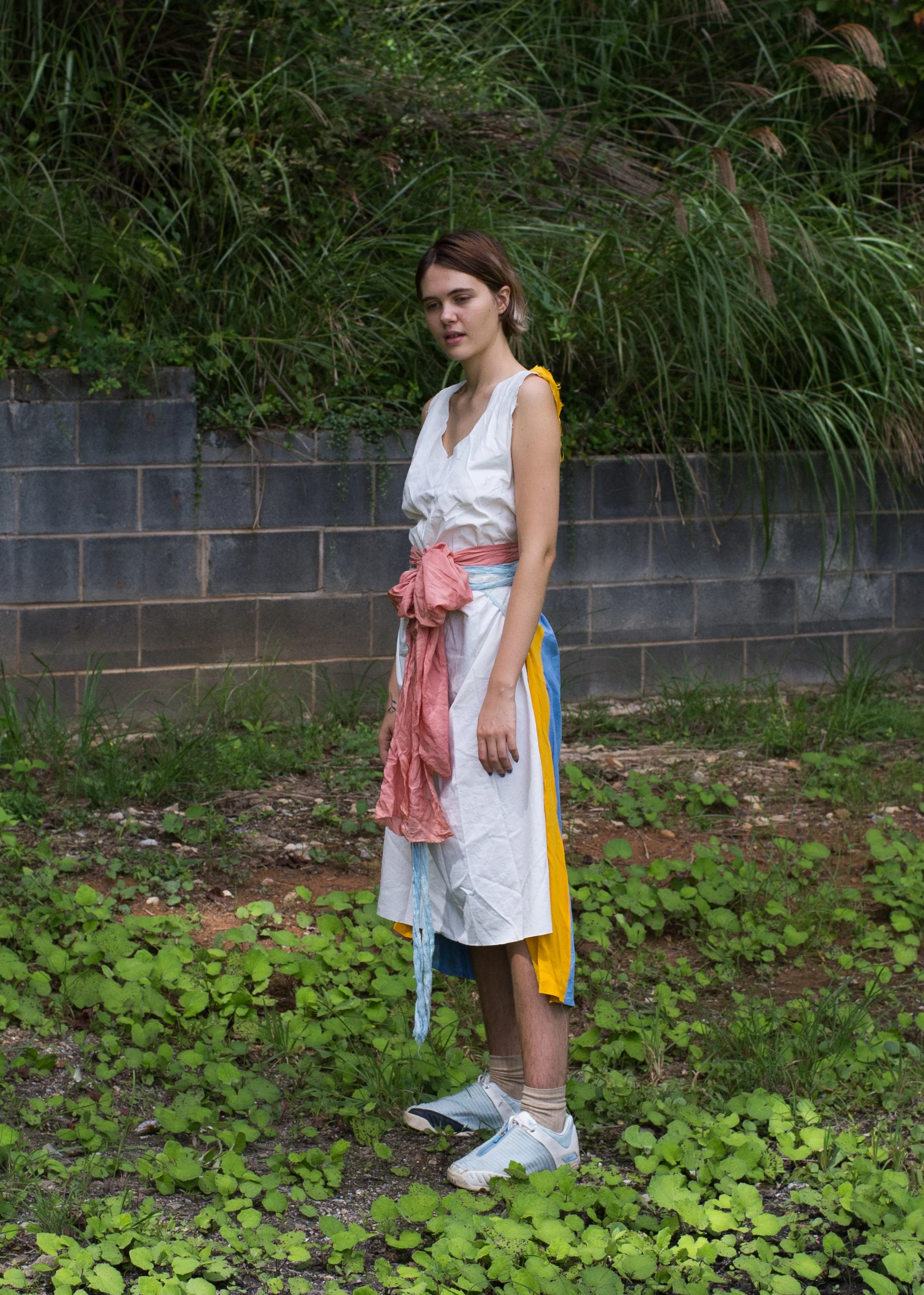   Sashsash dress , Indigo on cotton, Quebracho red and Lac on silk, found silk   