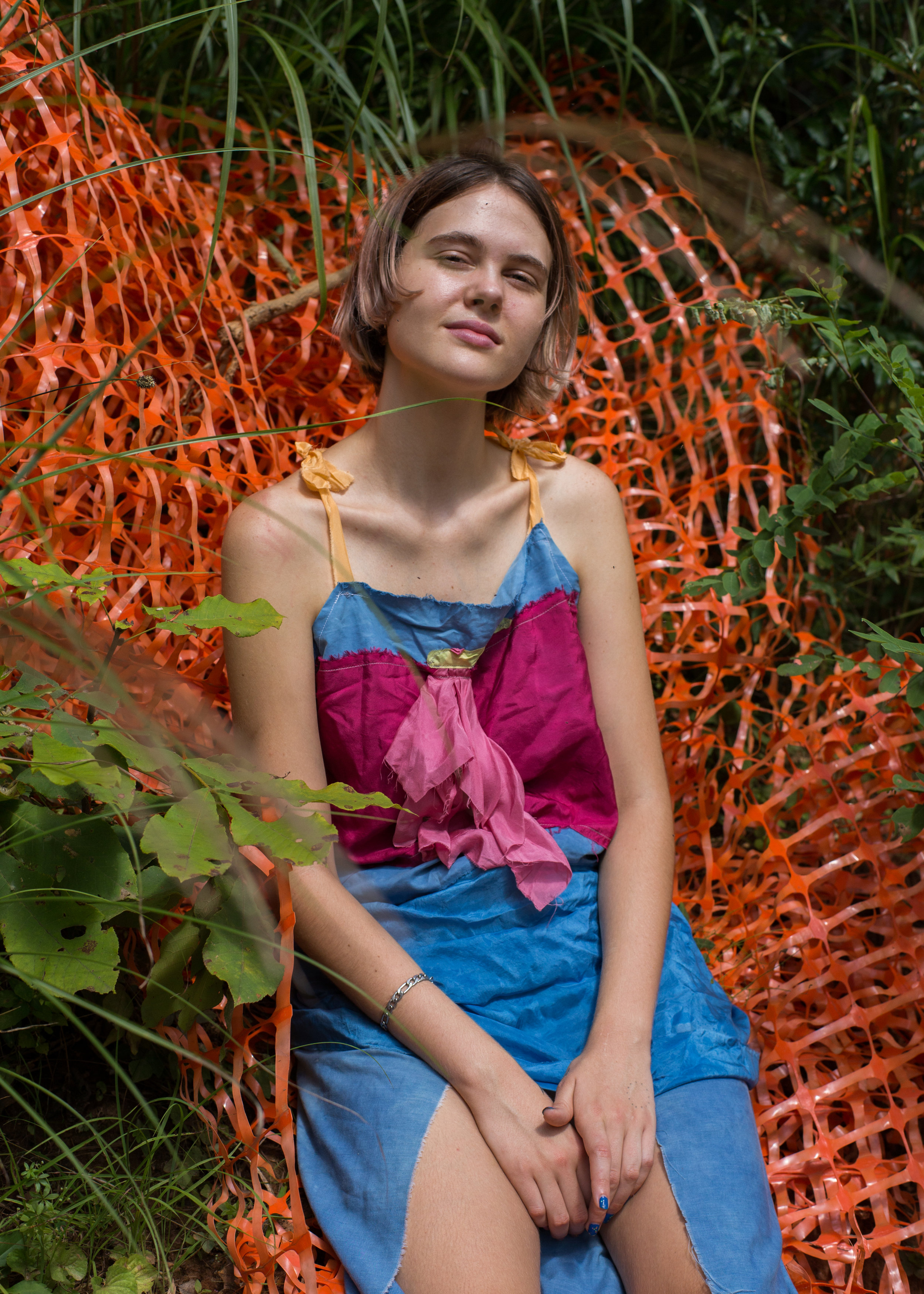   Windowpatch top  +  Frontback   skirt , Indigo on cotton + silk, Lac, Weld, Annatto on silk 