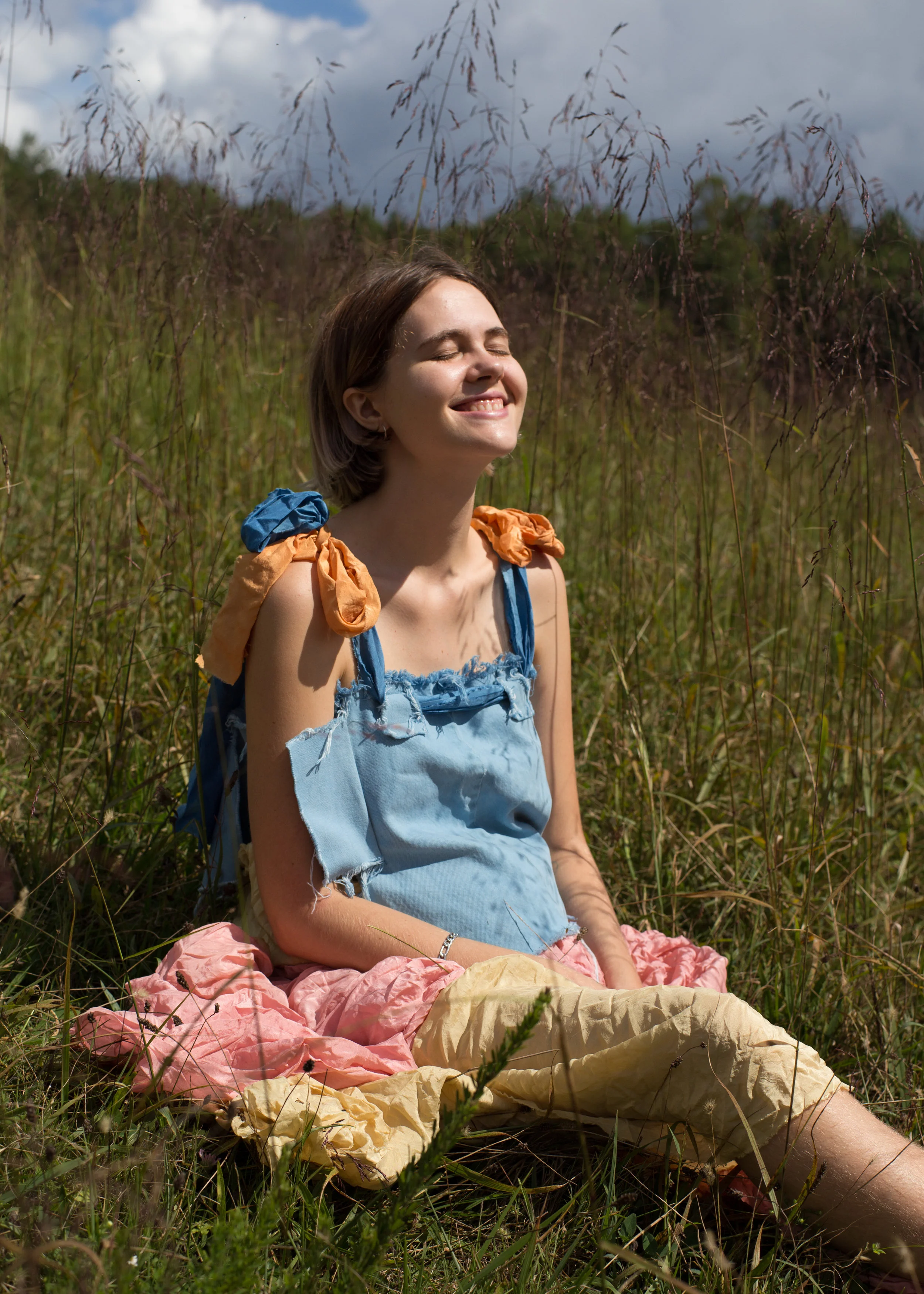   Looploop top  +  Paraskirt II , Indigo on bleached denim, Annatto and Indigo on silk   