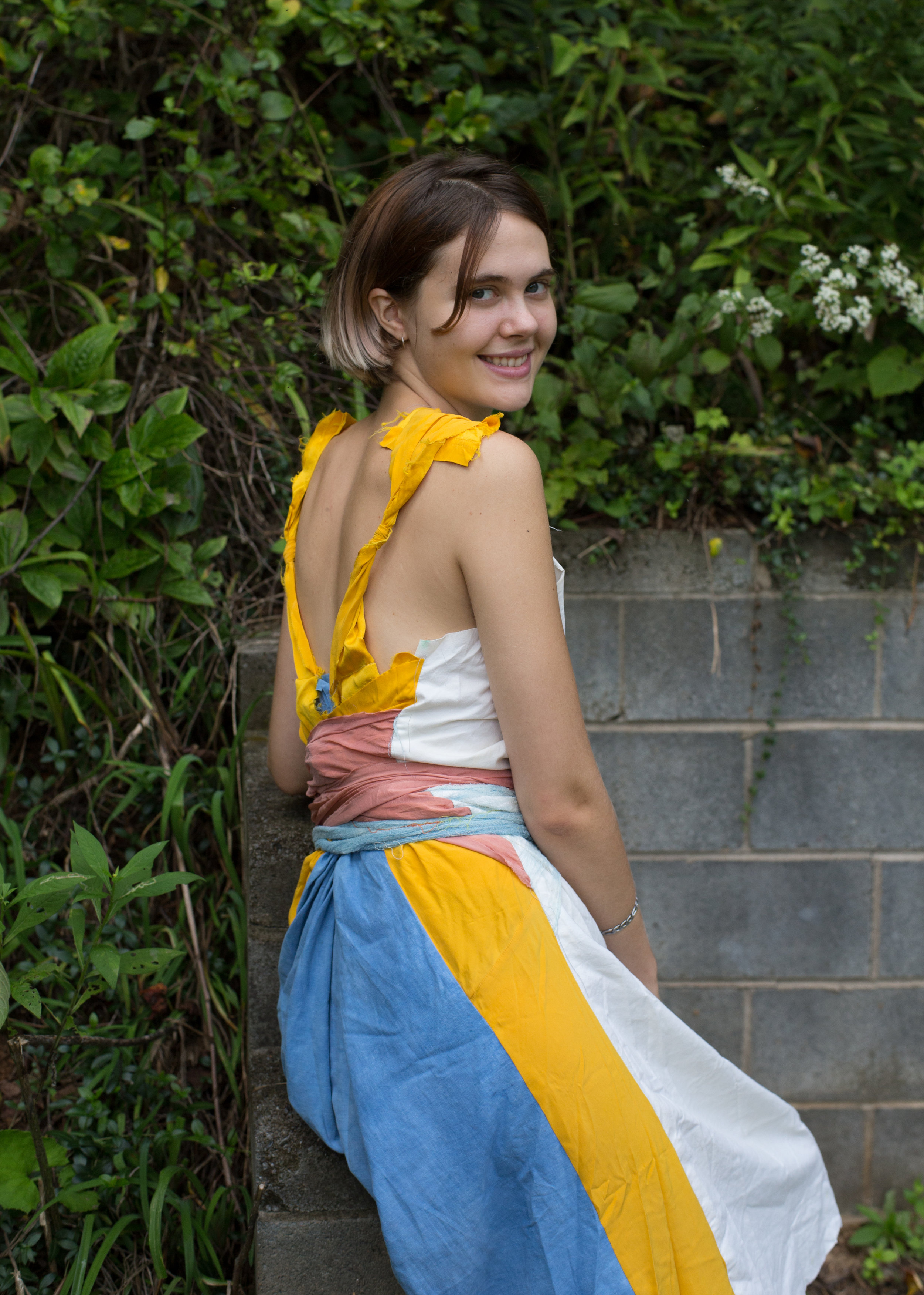   Sashsash dress , Indigo on cotton, Quebracho red and Lac on silk, found silk   