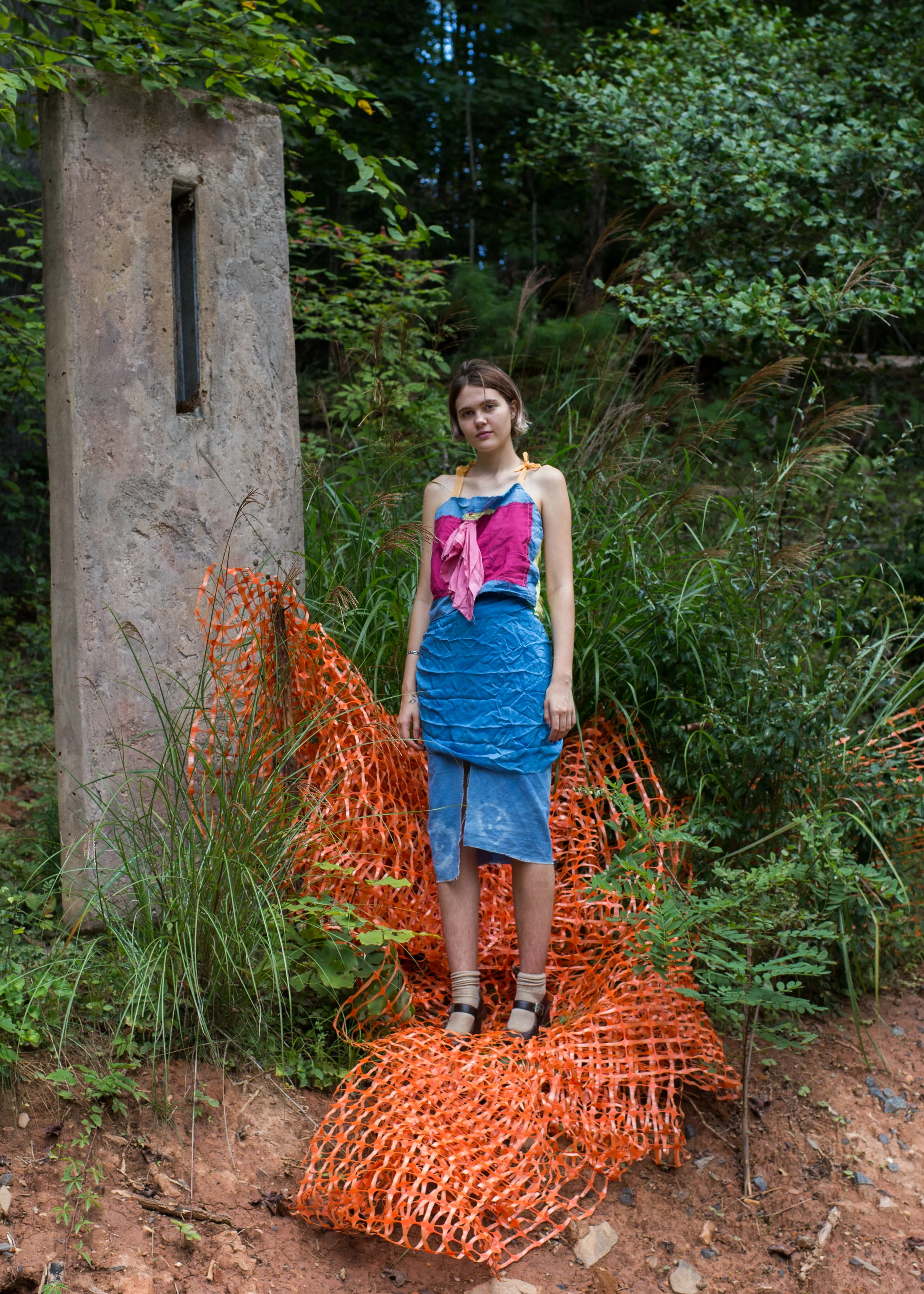   Windowpatch top  +  Frontback   skirt , Indigo on cotton + silk, Lac, Weld, Annatto on silk   