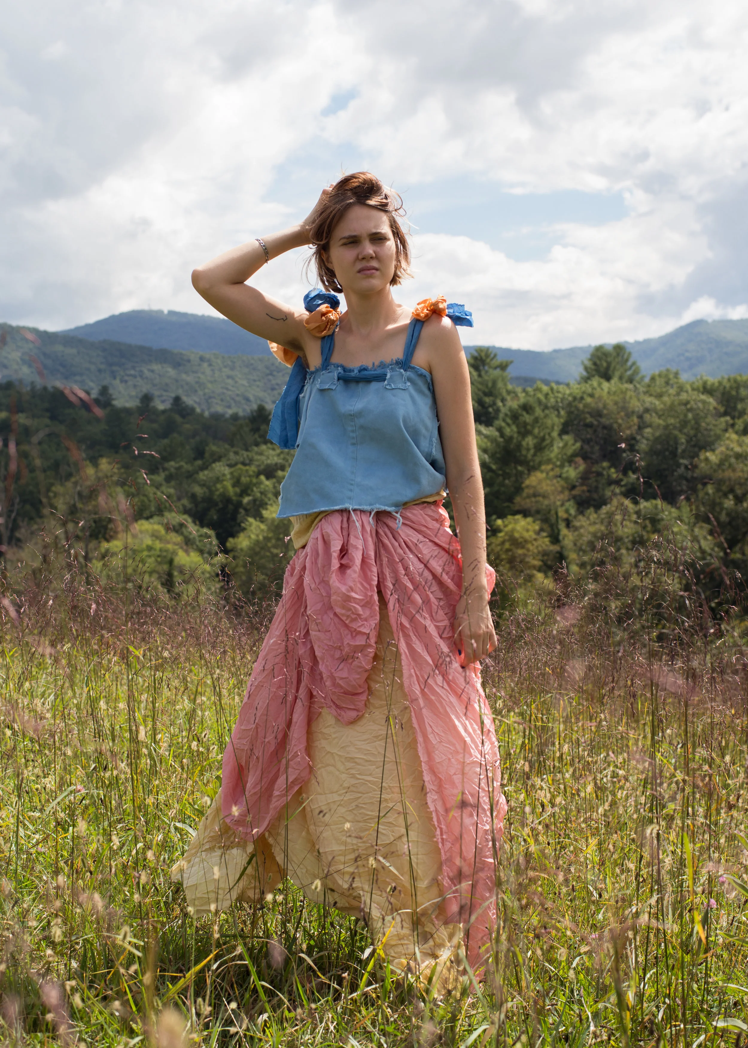   Looploop top  +  Paraskirt II , Indigo on bleached denim, Annatto and Indigo on silk   