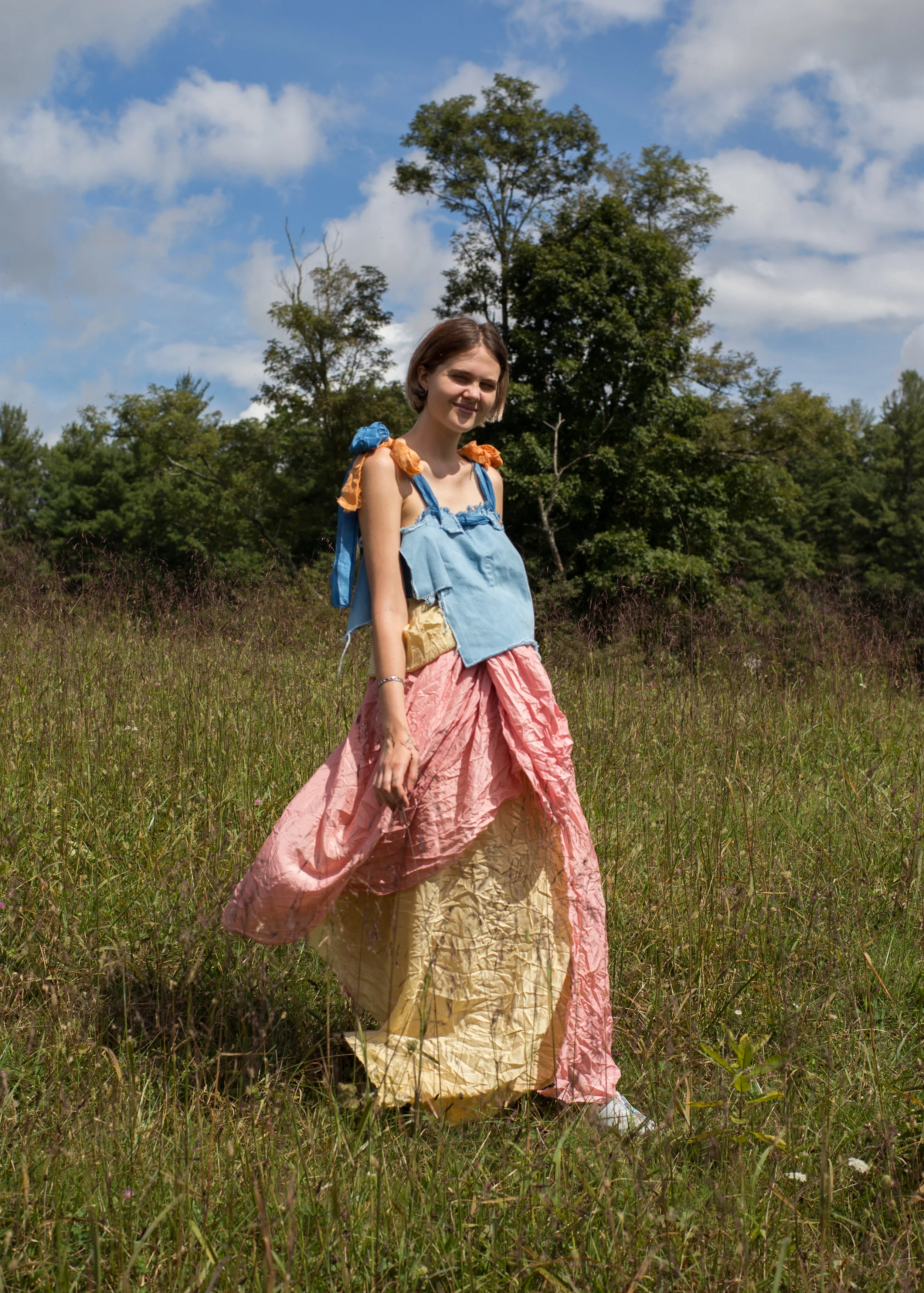   Looploop top  +  Paraskirt II , Indigo on bleached denim, Annatto and Indigo on silk   