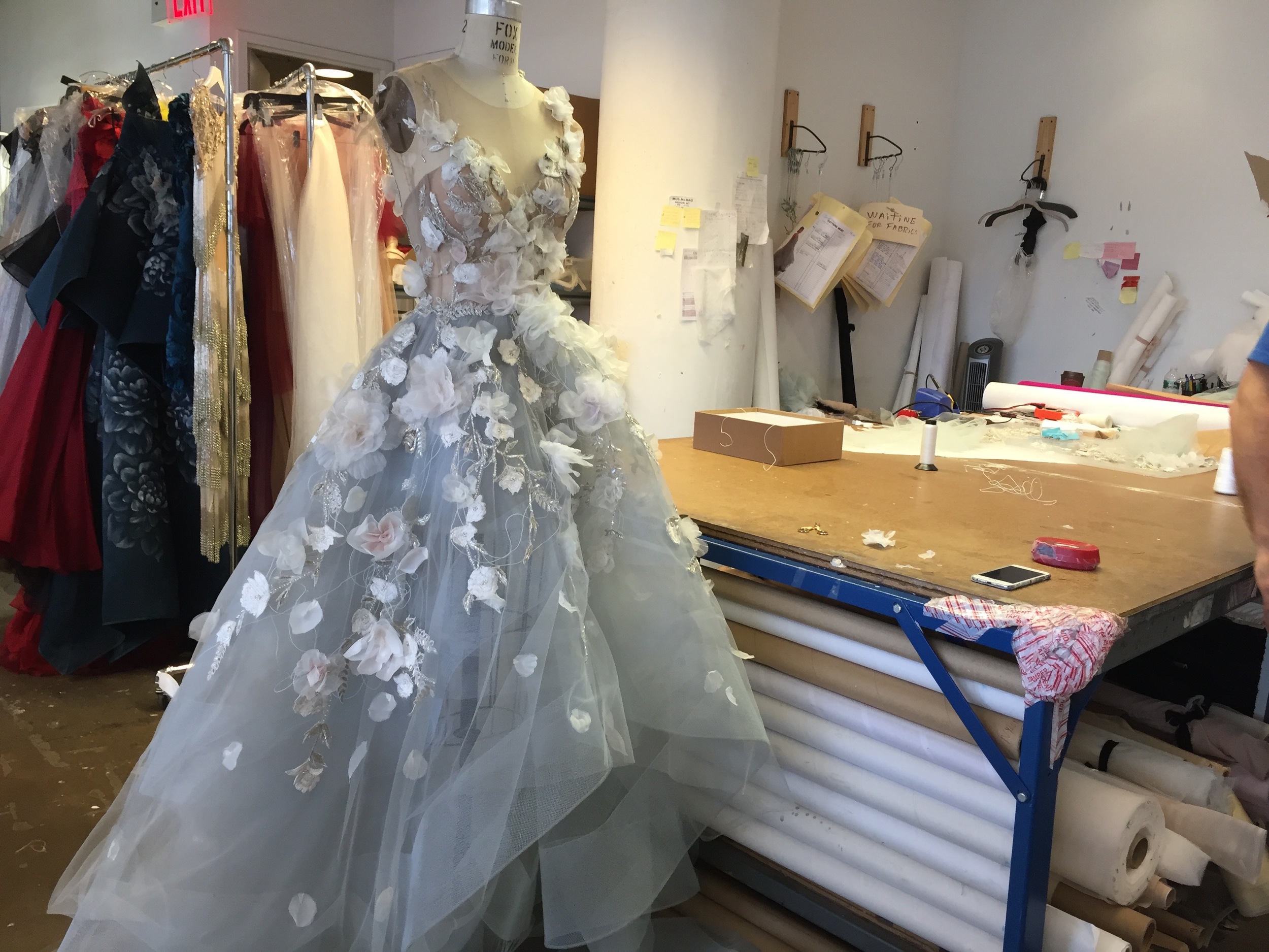 Here's the dress coming together at the Marchesa studio on the night before the gala