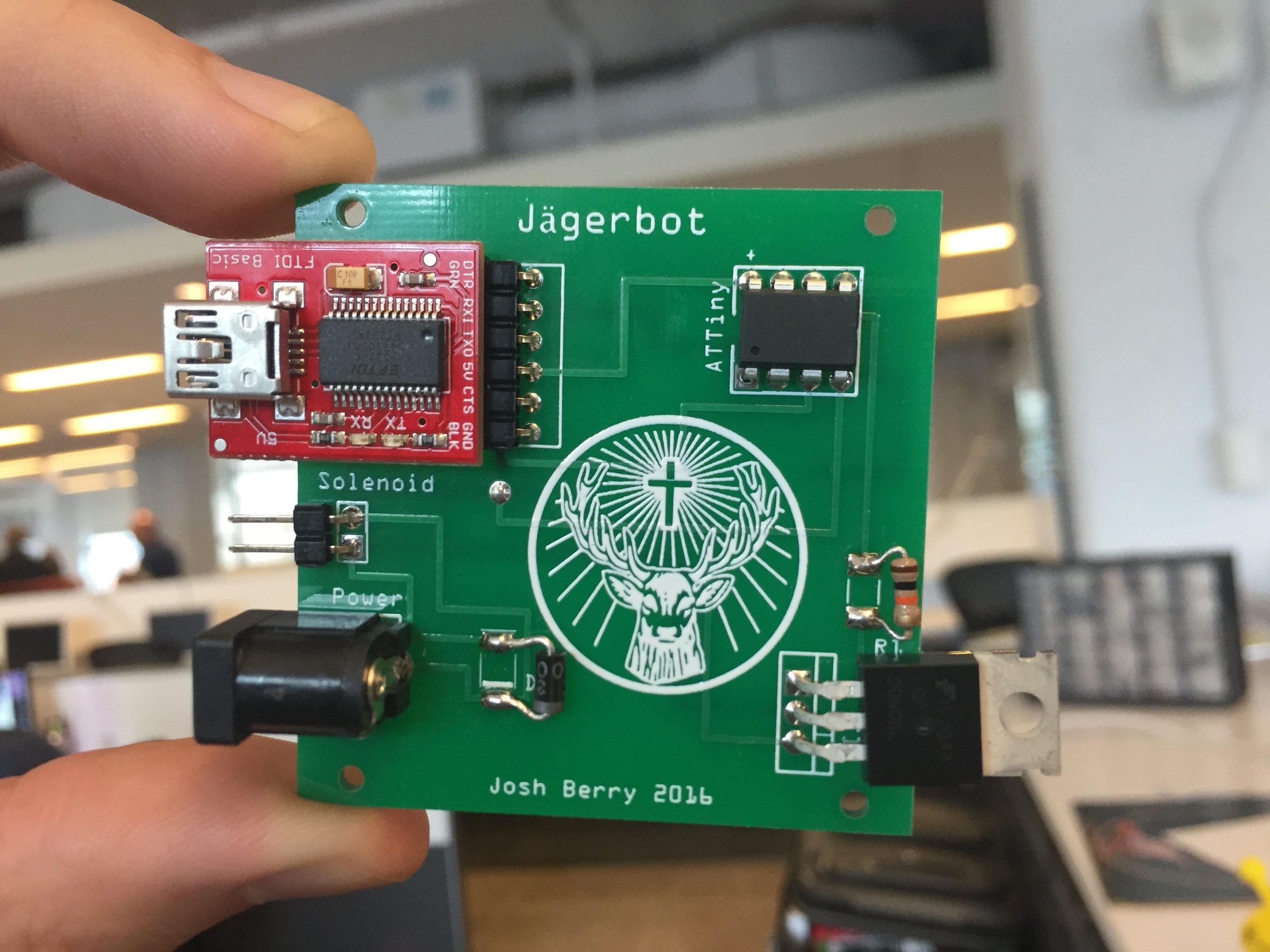 PCB with all components installed. It's a serial device that connects to a computer via USB. Many types of software applications can talk to it to dispense Jägermeister.