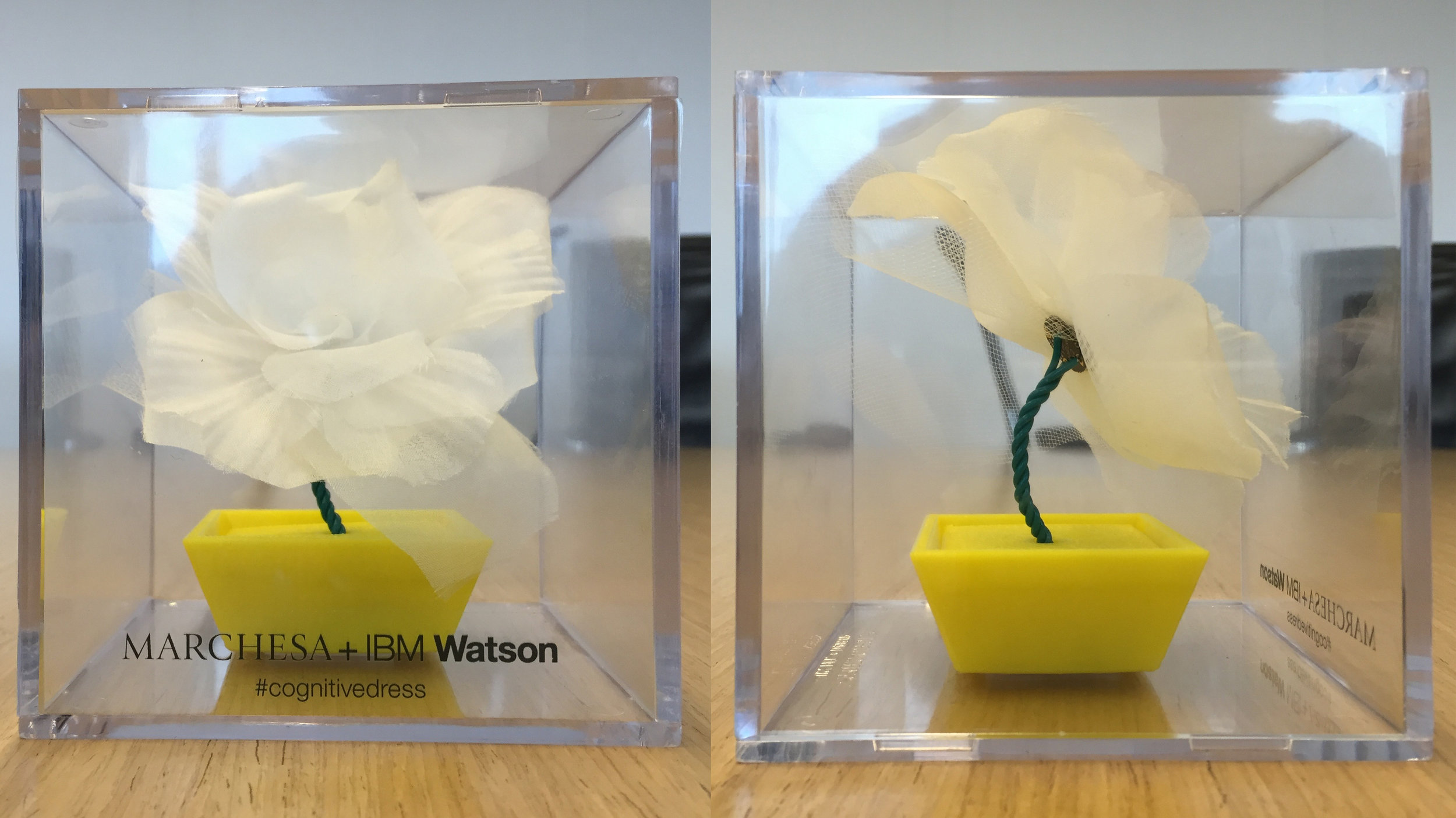 The fabric flower, green wiring, and 3D printed flower pot comprise the display. The flower pot houses the electronics. I pitched the idea of using green wiring and a flower pot, but since this project was announced just days before the gala, we did not have time to scale production for 1,000 pieces. Yellow filament is what we had on hand at the time.
