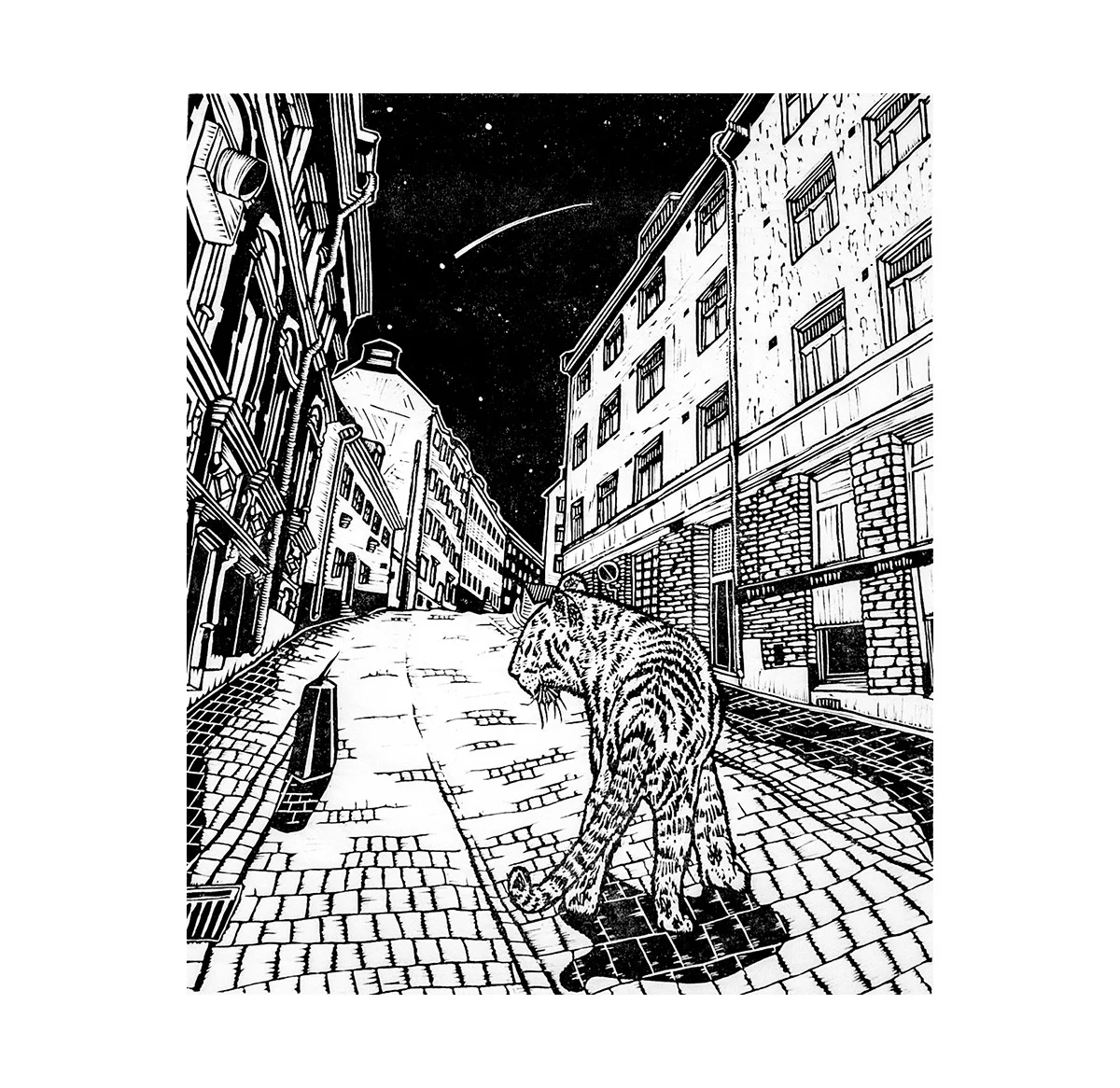 Urvädersgränd, original linocut by with a tiger on a Södermalm street. 50 x 60 cm, edition of 7. Year 2014.